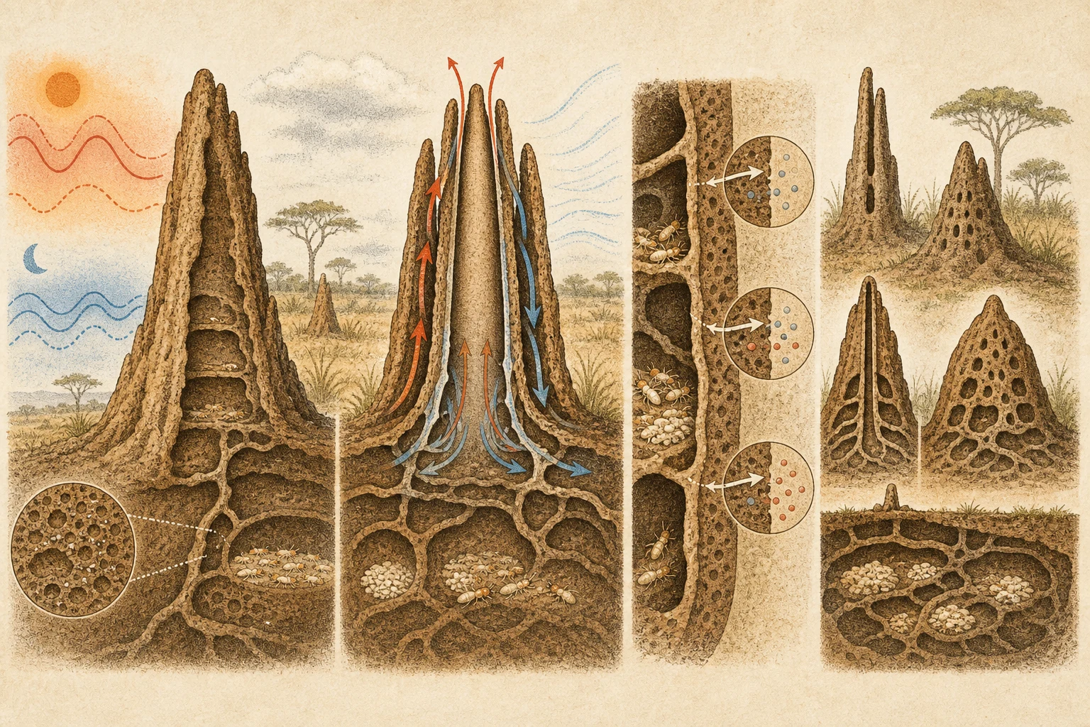 Text-free illustrated mechanism panels for “How termite mounds regulate temperature”; the article points are listed below.