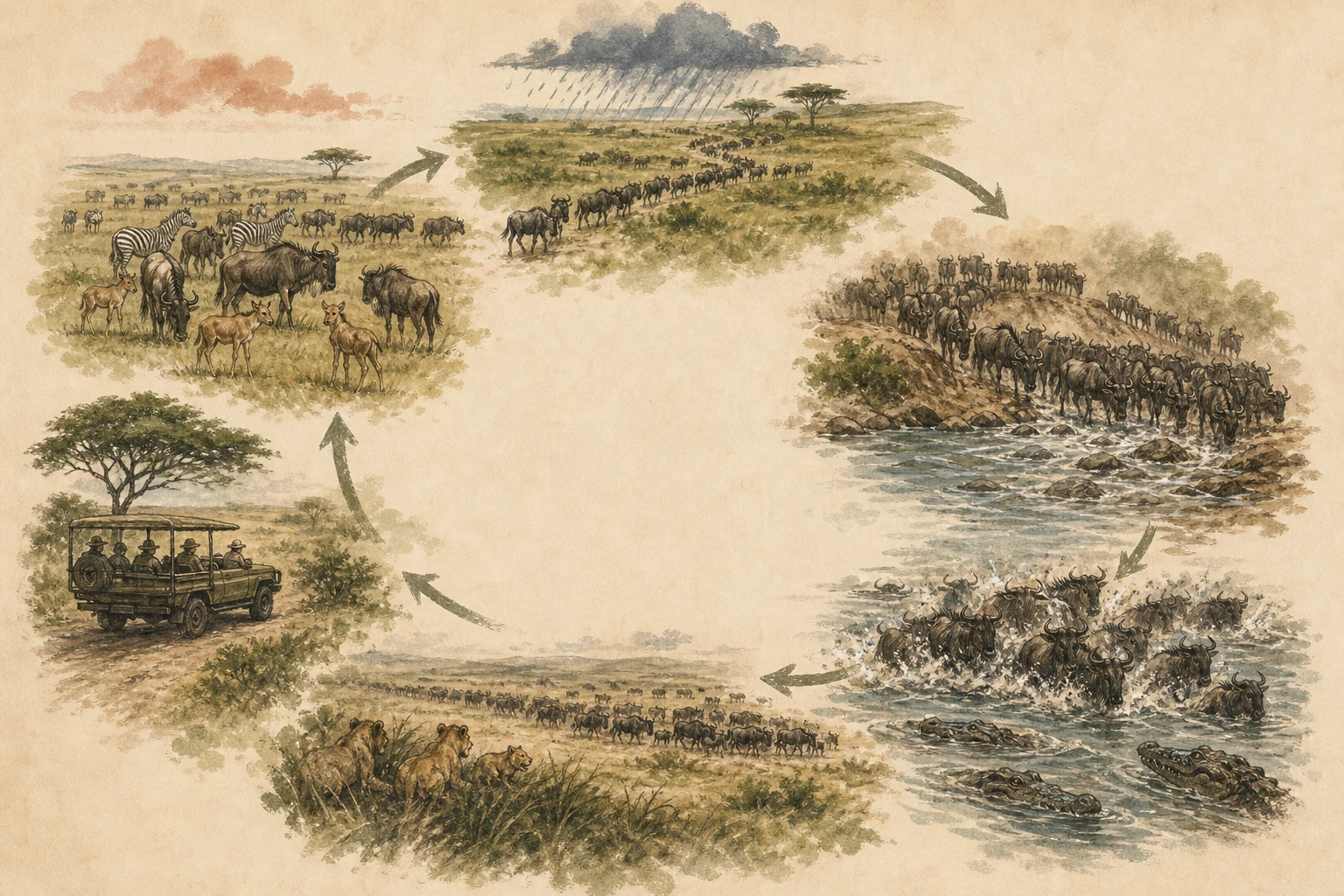 Text-free illustrated seasonal wheel for “How to watch a great migration”; the article points are listed below.
