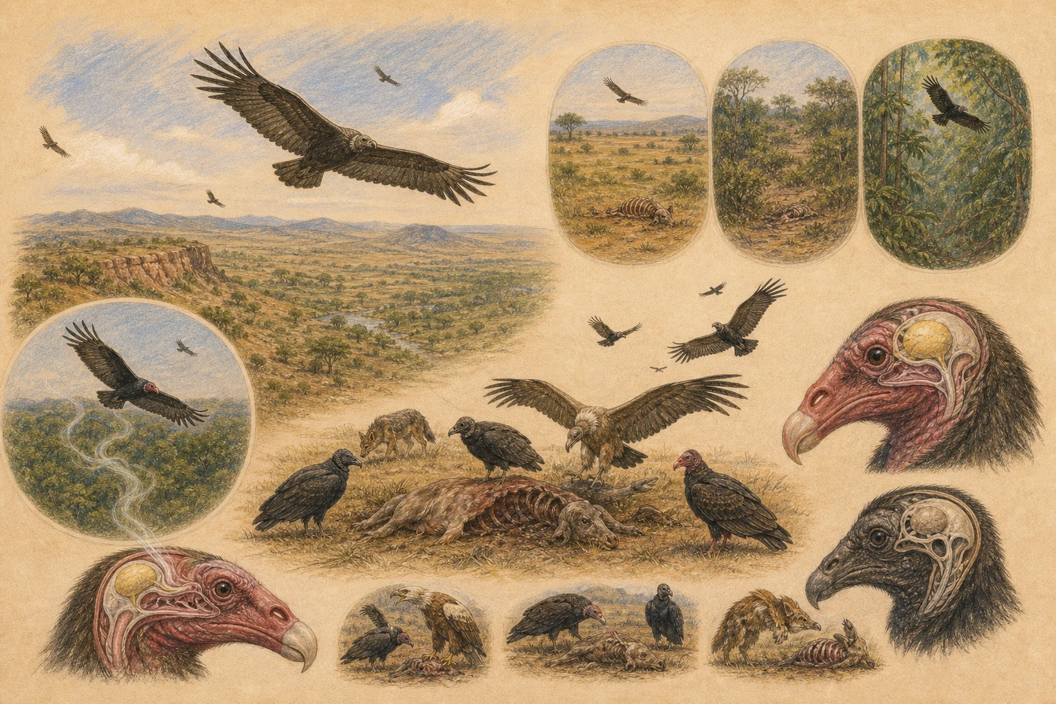 Text-free illustrated concept map for “How vultures find carrion”; the article points are listed below.