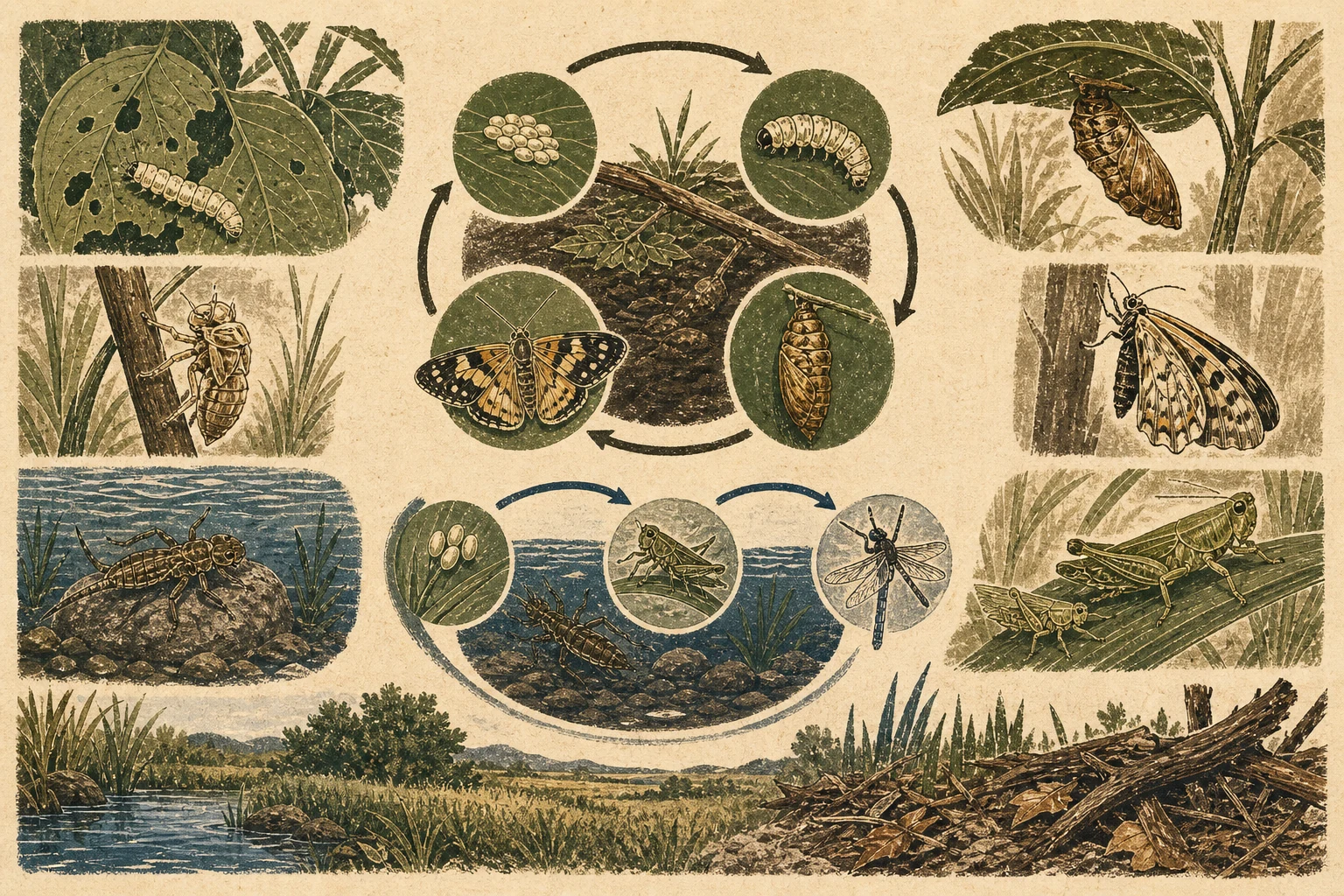 Text-free illustrated seasonal wheel for “How insect metamorphosis works”; the article points are listed below.