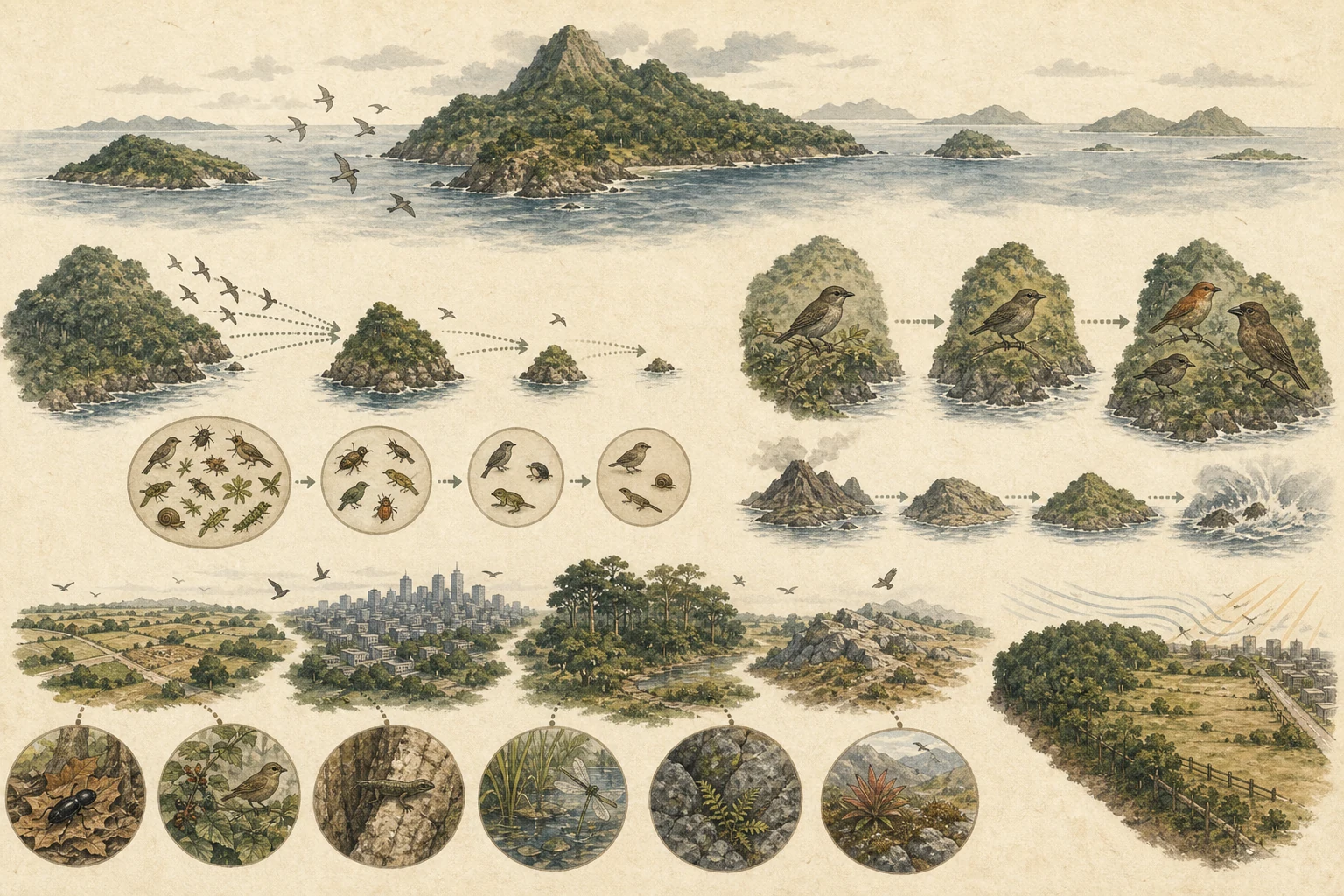 Text-free illustrated habitat transect for “Island biogeography explained”; the article points are listed below.