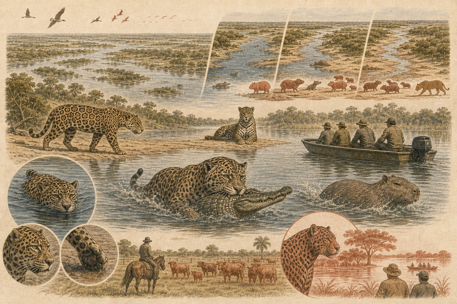 Text-free illustrated habitat transect for “Jaguars of the Pantanal”; the article points are listed below.