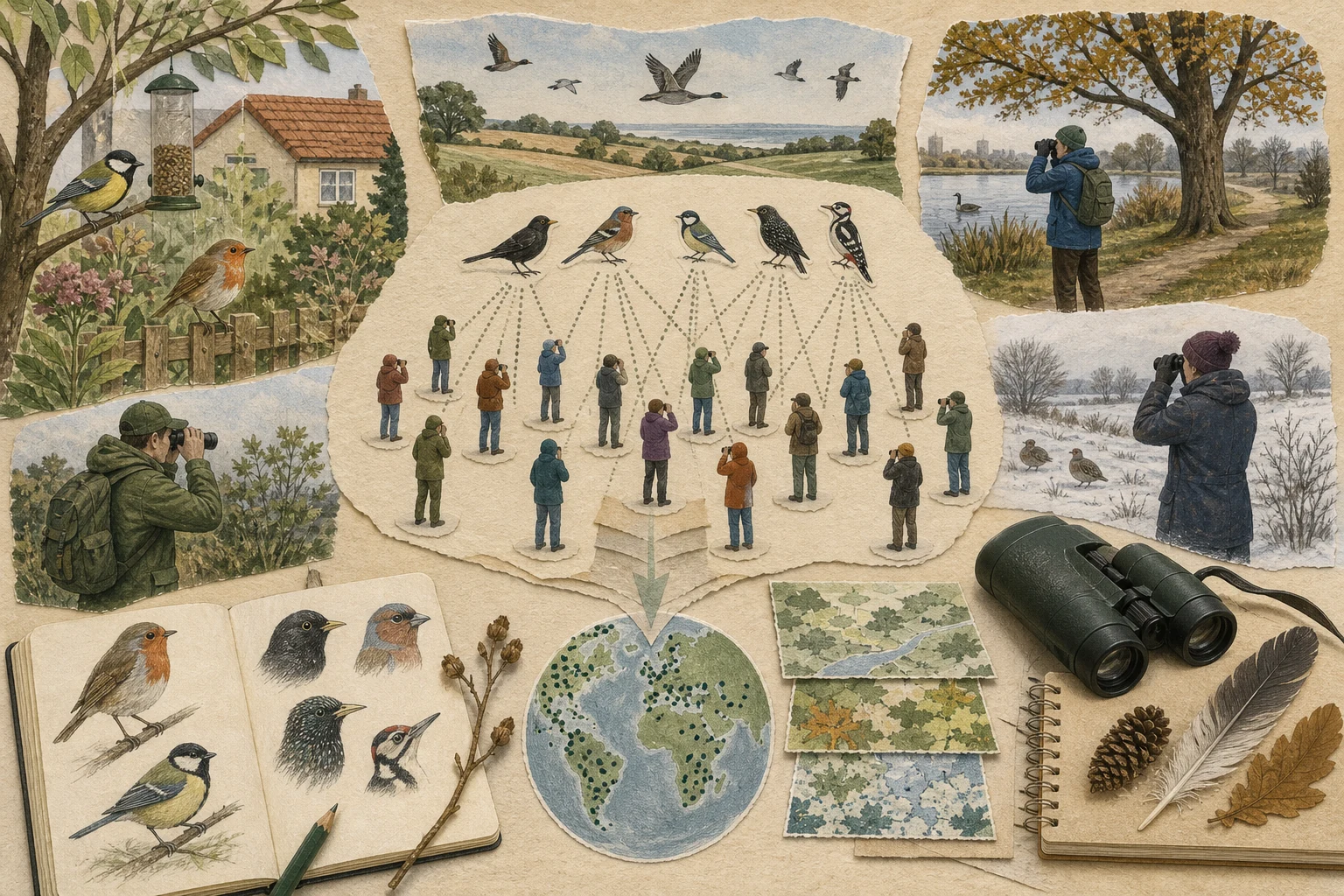 Text-free illustrated concept map for “Joining a global bird count”; the article points are listed below.