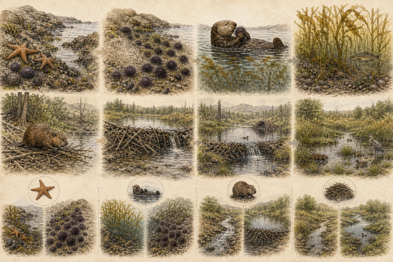 Text-free illustrated mechanism panels for “Keystone species and ecosystem engineers”; the article points are listed below.
