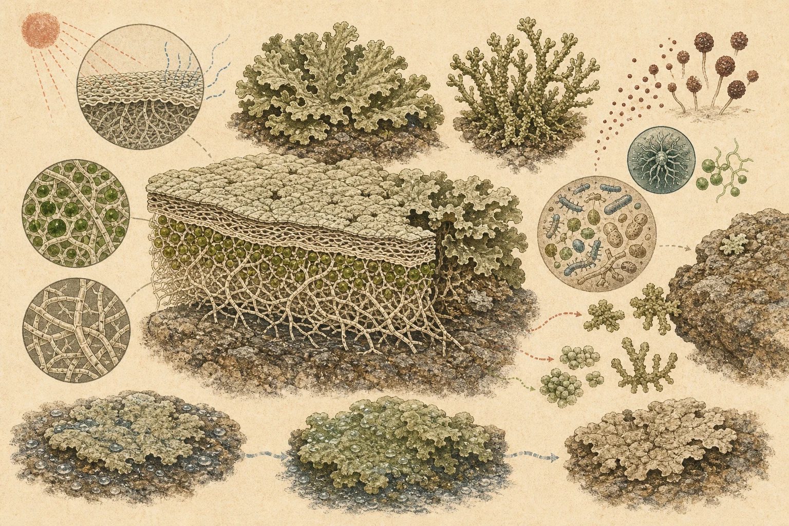 Text-free illustrated mechanism panels for “Lichens as living partnerships”; the article points are listed below.