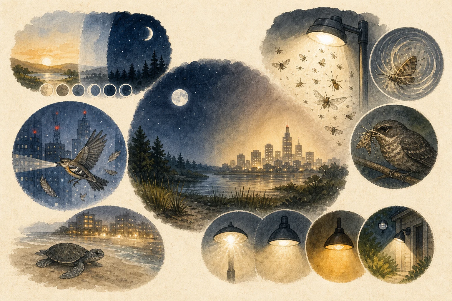 Text-free illustrated concept map for “Light pollution and wildlife”; the article points are listed below.