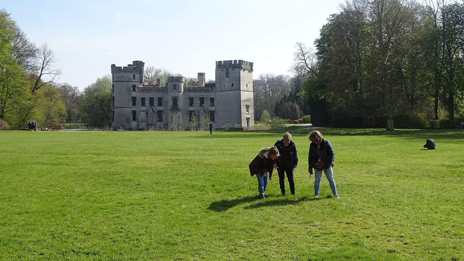Citizen scientists searching a grassy field together for signs of biodiversity.