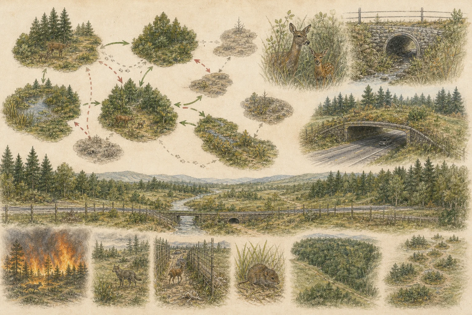 Text-free illustrated concept map for “Metapopulations and wildlife corridors”; the article points are listed below.