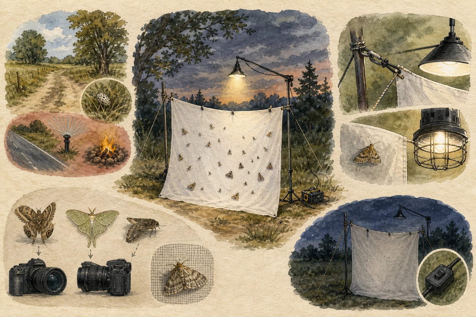 Text-free illustrated field protocol for “Moth watching with a light sheet”; the article points are listed below.