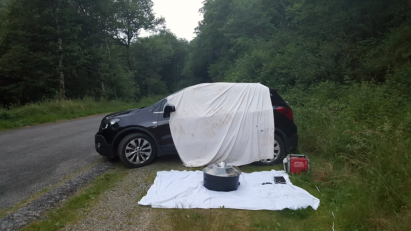 A white moth sheet and Robinson light trap arranged beside a vehicle at a wooded road edge.