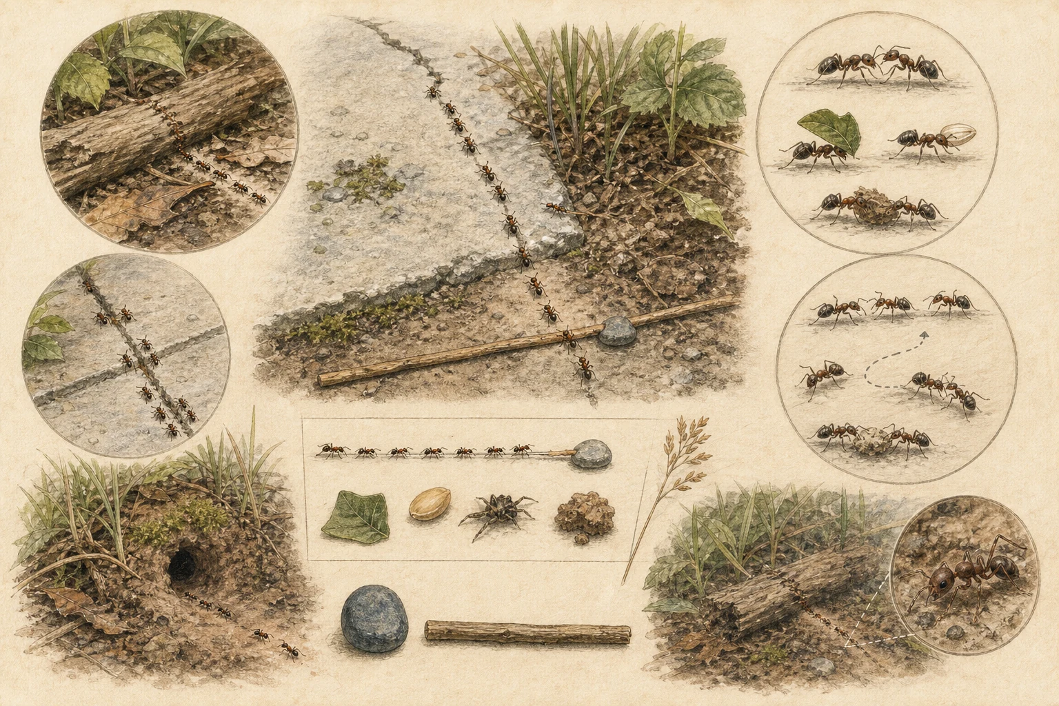 Text-free illustrated field protocol for “Observing ants at work”; the article points are listed below.
