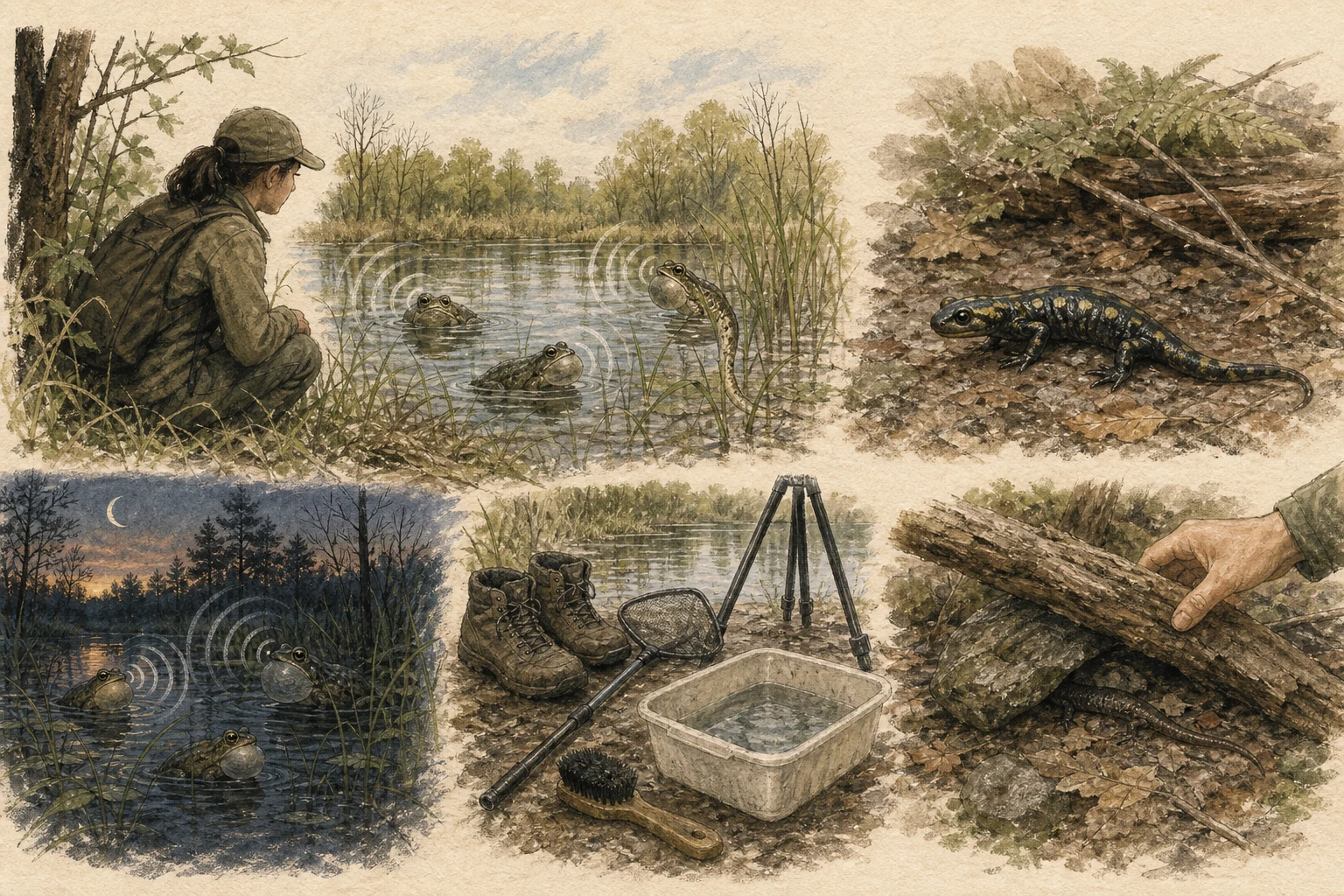Text-free illustrated signal score for “Observing frogs and salamanders”; the article points are listed below.