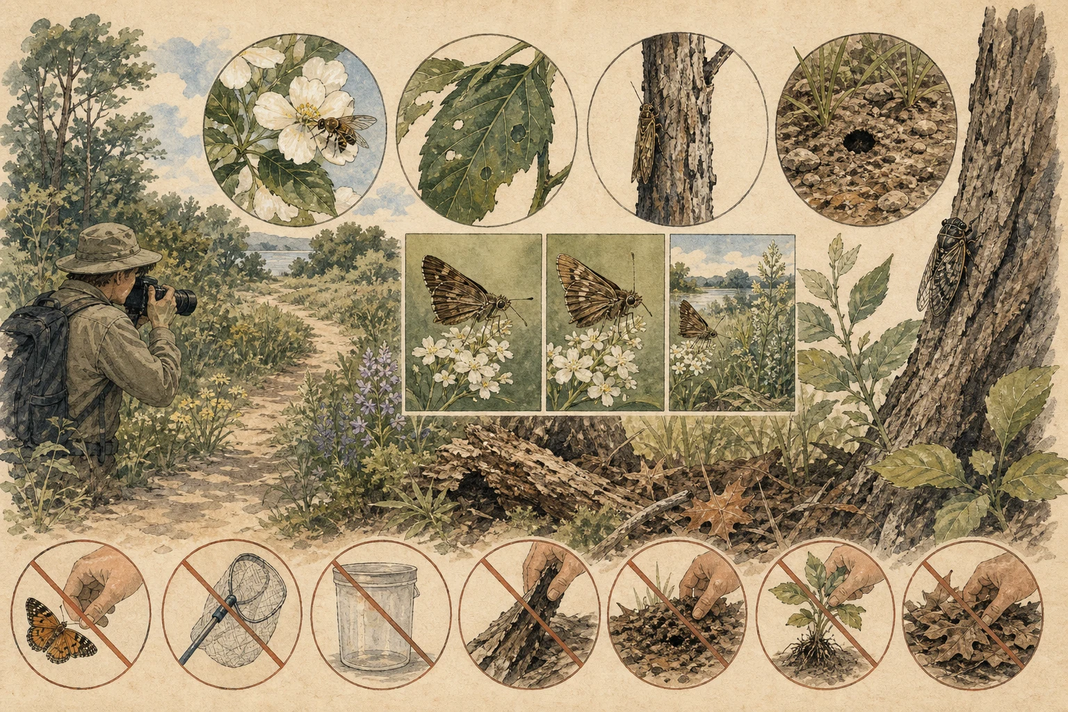 Text-free illustrated habitat transect for “Observing insects without collecting”; the article points are listed below.