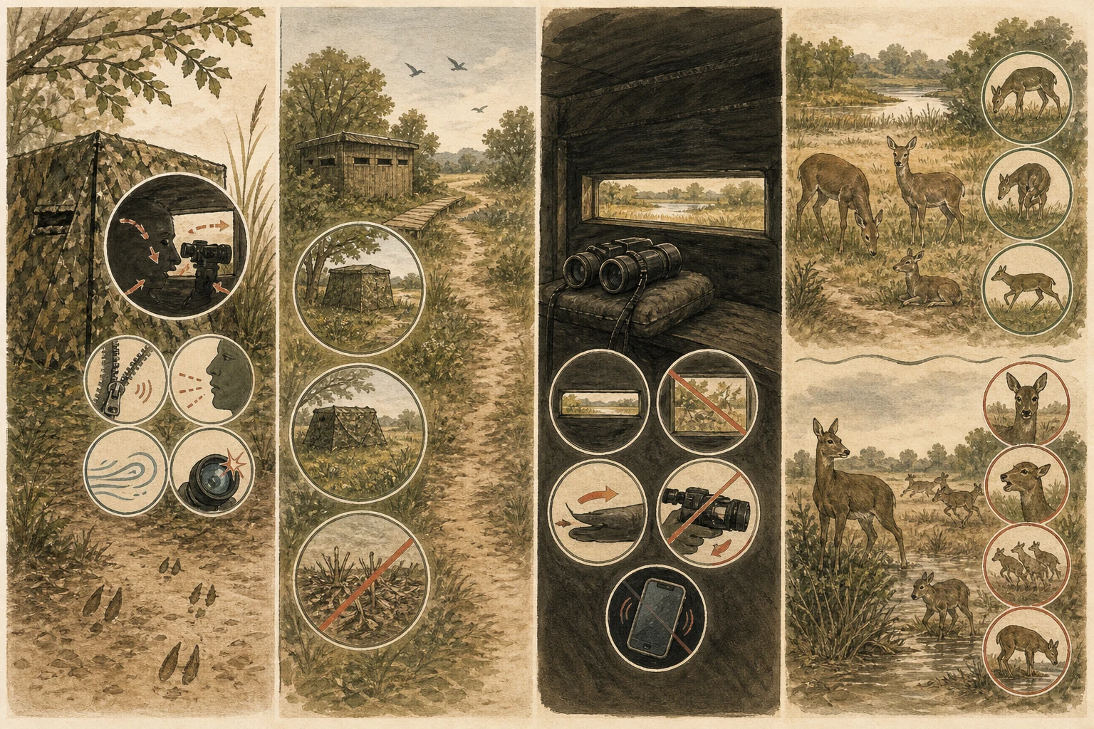 Text-free illustrated field protocol for “Observing wildlife from a blind”; the article points are listed below.