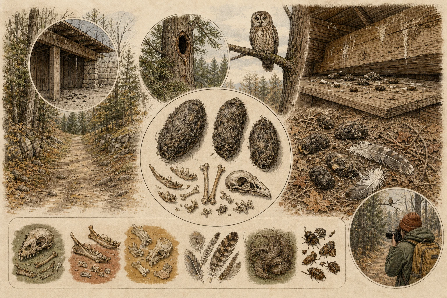 Text-free illustrated evidence board for “Owl pellets and prey sign”; the article points are listed below.