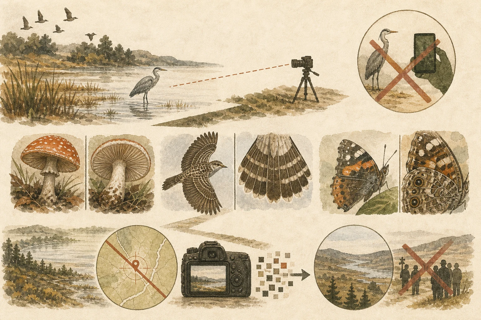 Text-free illustrated field protocol for “How to photograph wildlife for ID”; the article points are listed below.