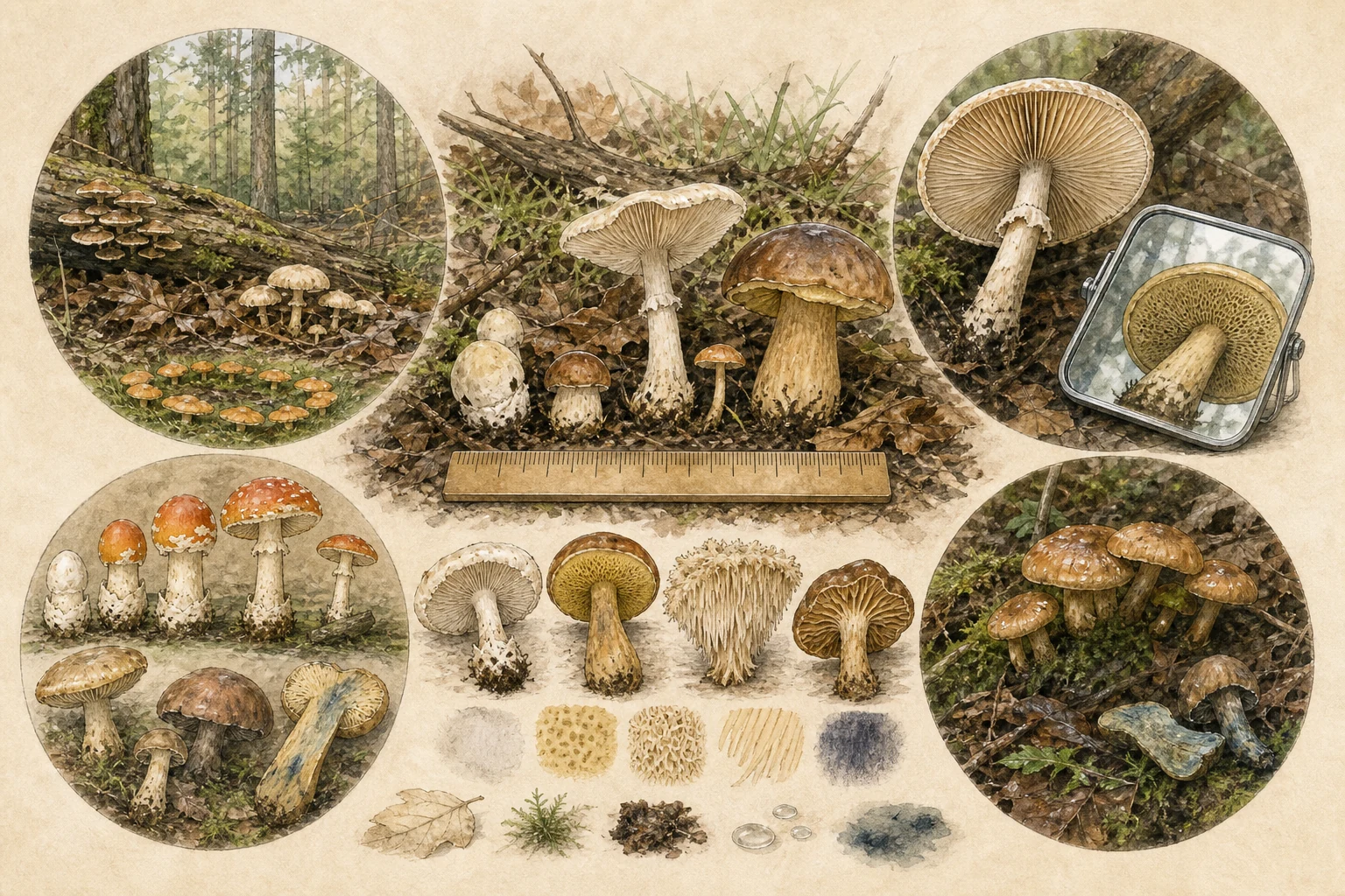 Text-free illustrated field protocol for “Photographing fungi for identification”; the article points are listed below.