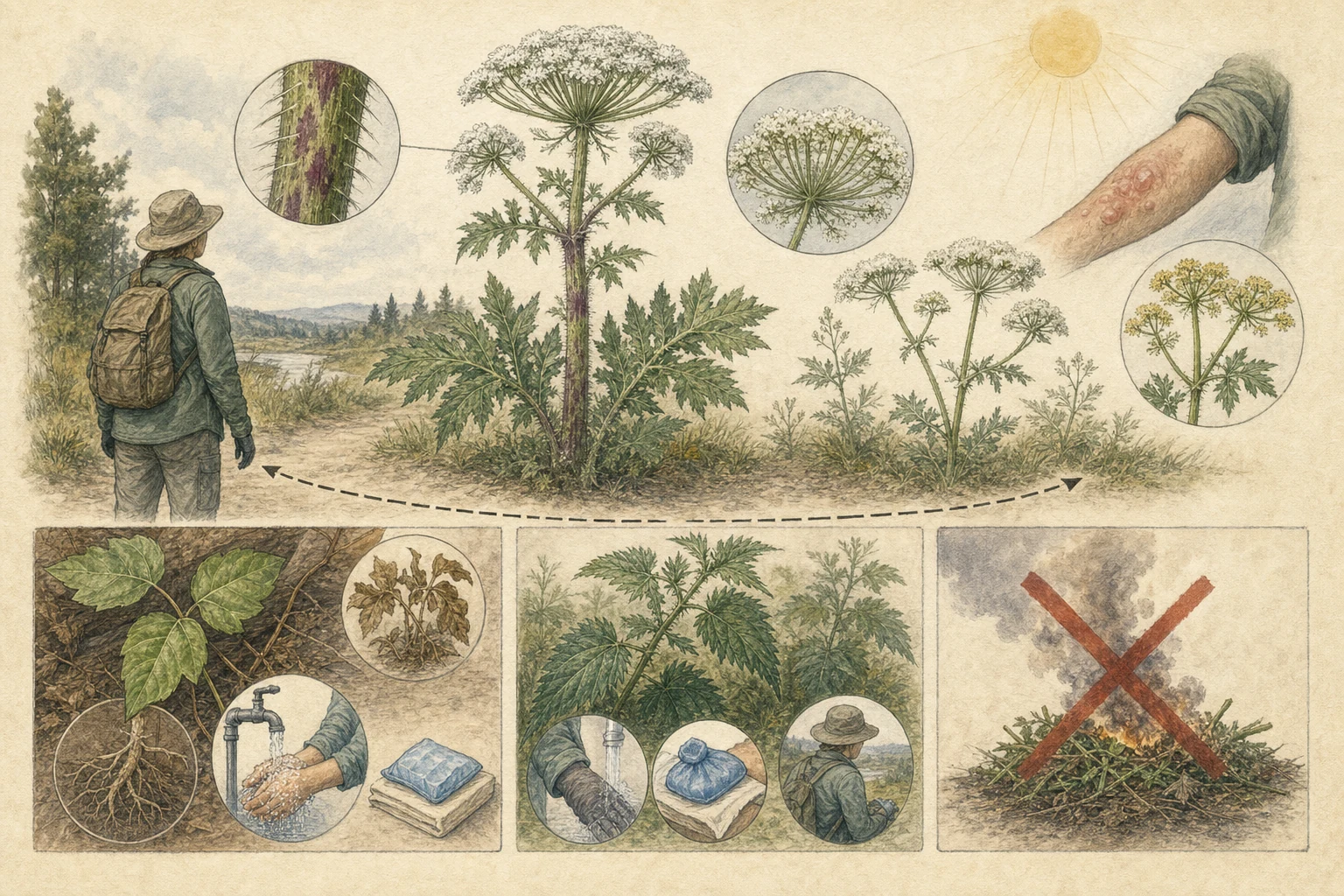 Text-free illustrated decision path for “Plants that burn, sting, or blister”; the article points are listed below.