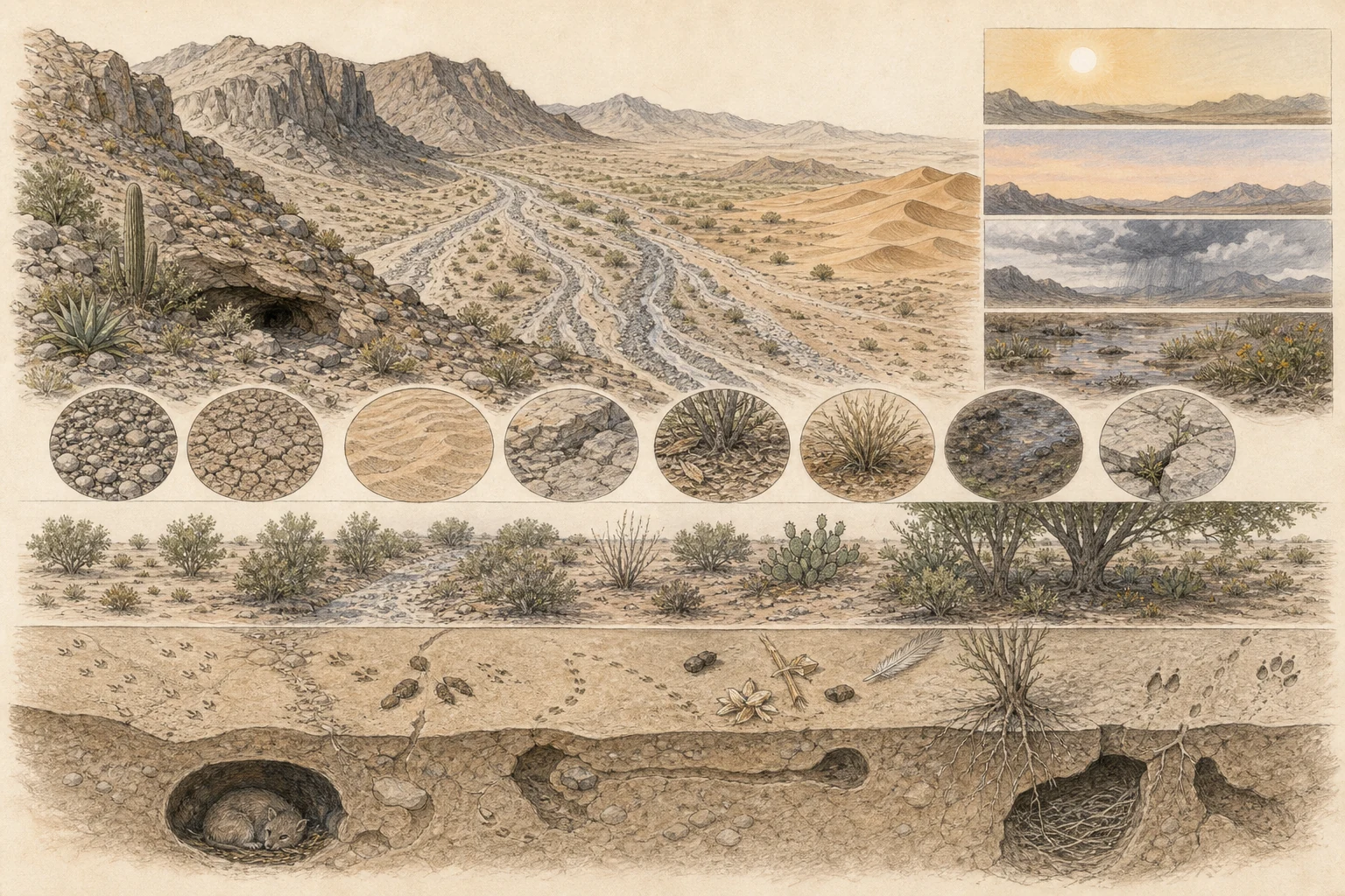 Text-free illustrated habitat transect for “Reading a desert”; the article points are listed below.