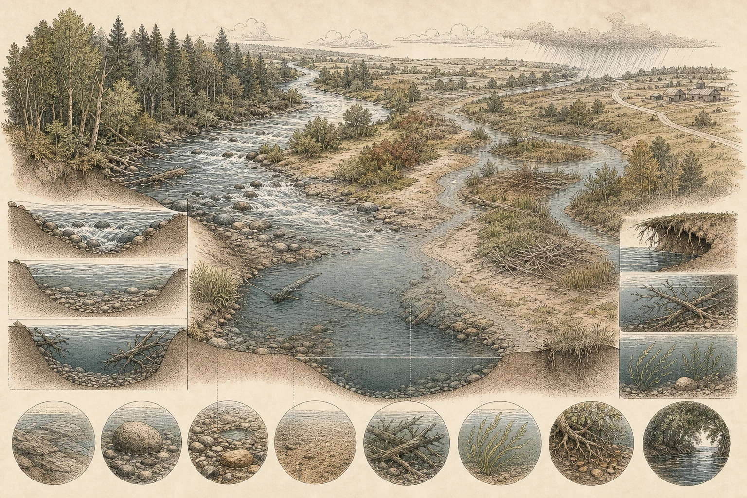 Text-free illustrated habitat transect for “Reading a river”; the article points are listed below.