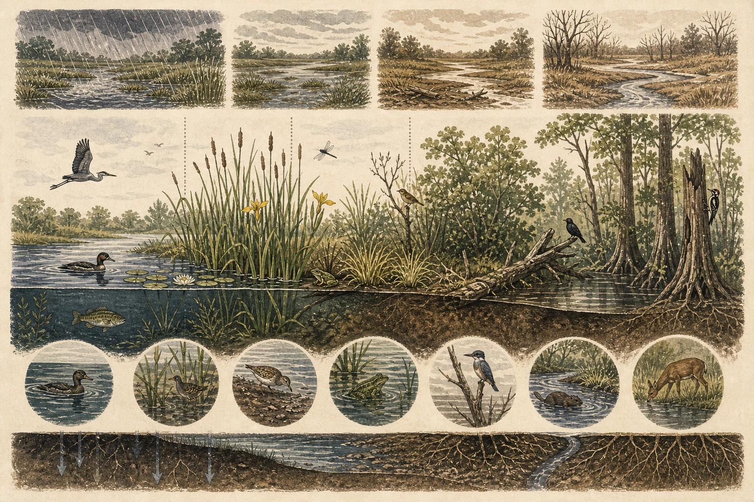 Text-free illustrated habitat transect for “Reading a wetland”; the article points are listed below.