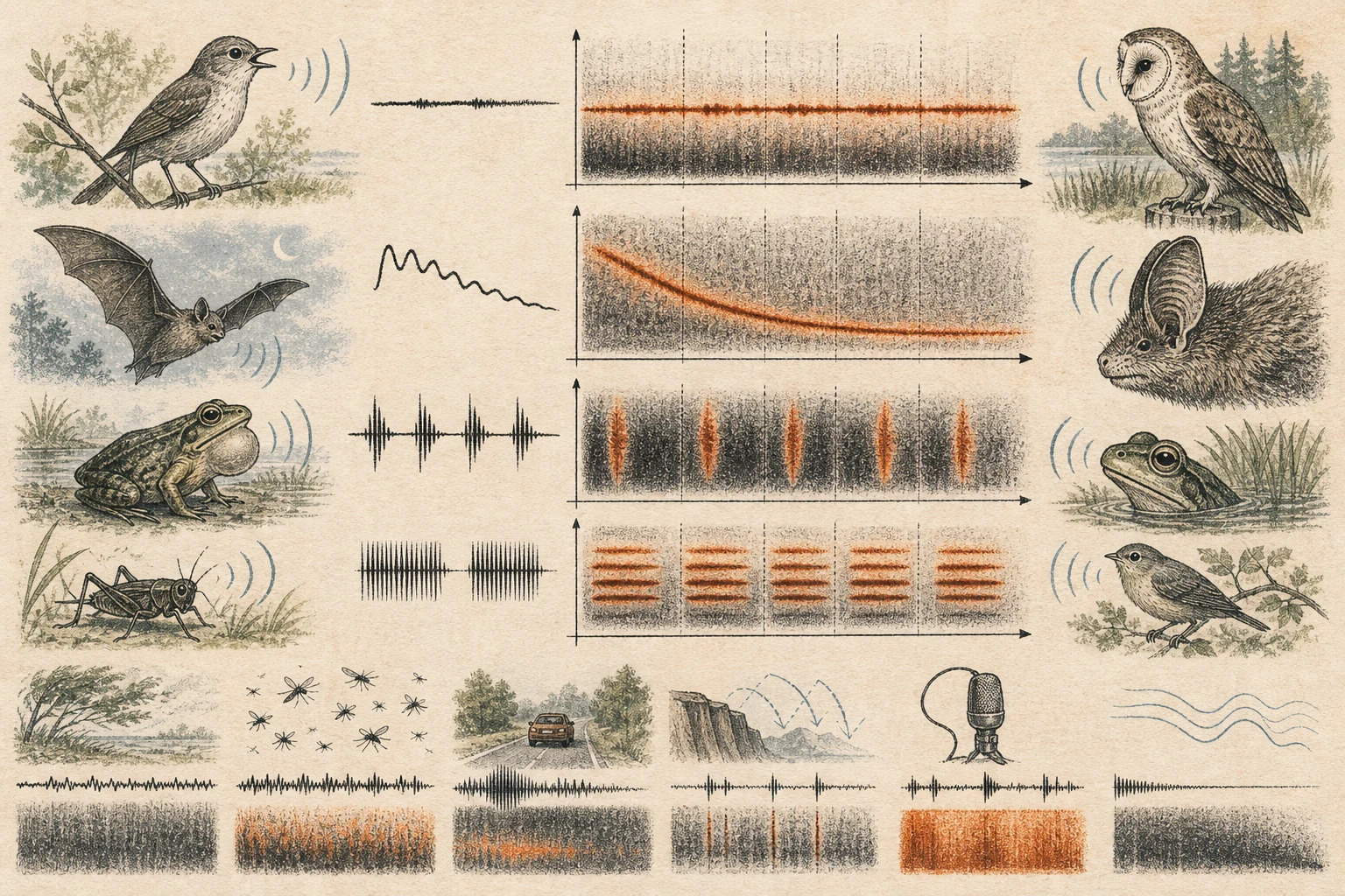 Text-free illustrated signal score for “Reading a wildlife spectrogram”; the article points are listed below.