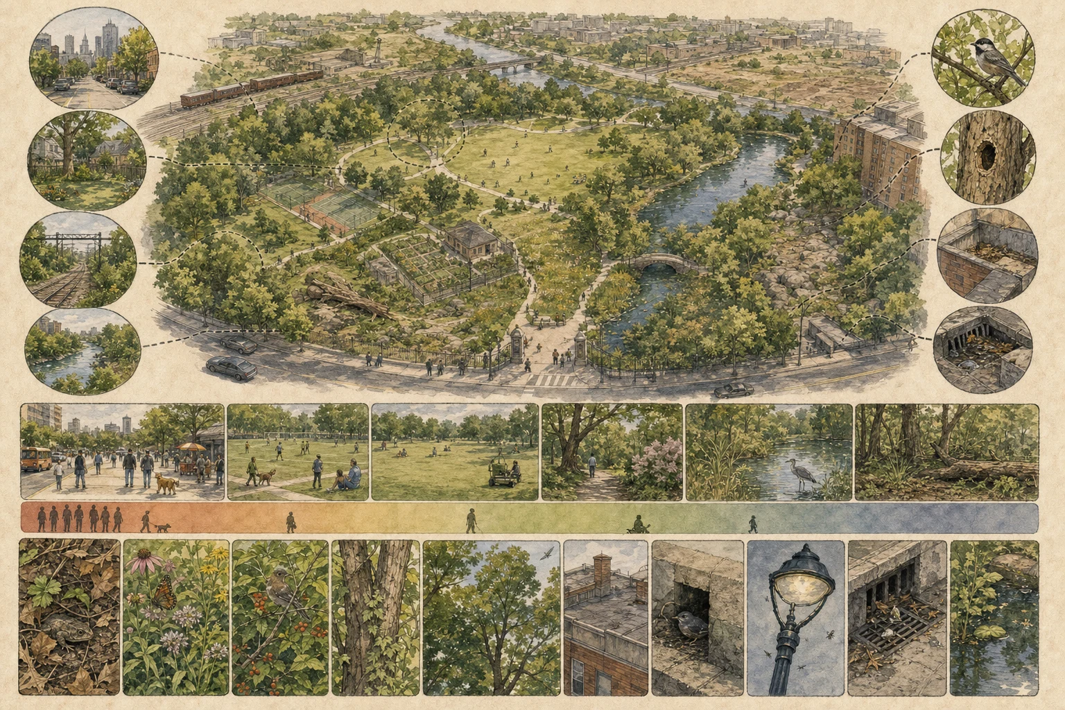 Text-free illustrated habitat transect for “Reading an urban park”; the article points are listed below.