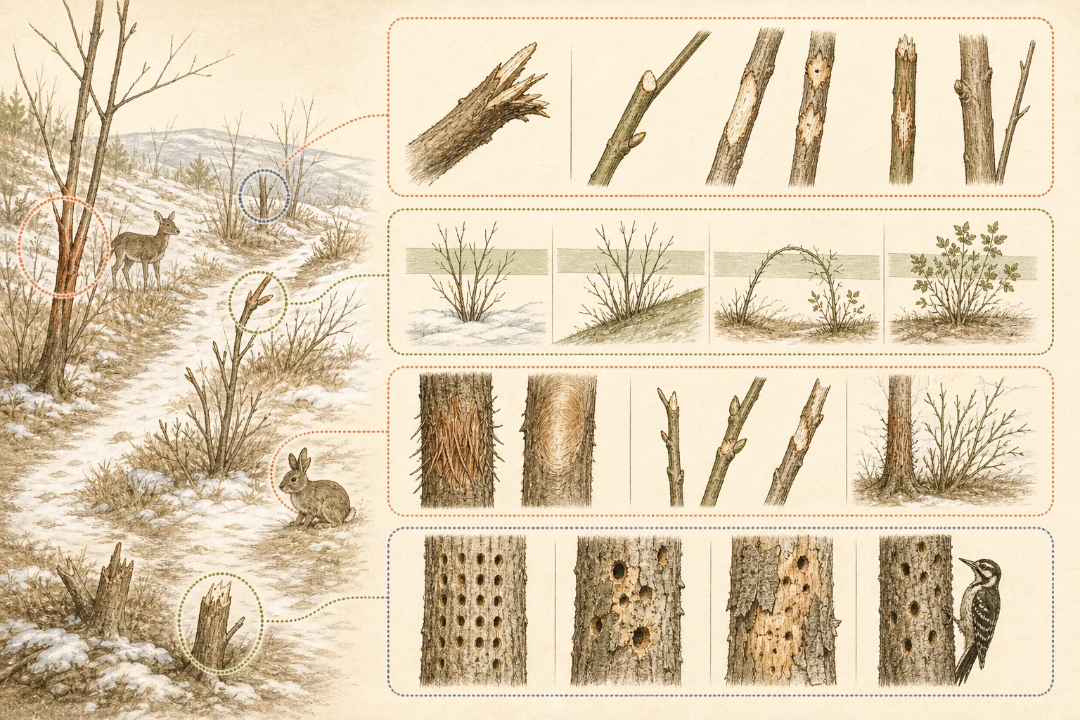 Text-free illustrated evidence board for “Reading browse, rubs, and bark sign”; the article points are listed below.