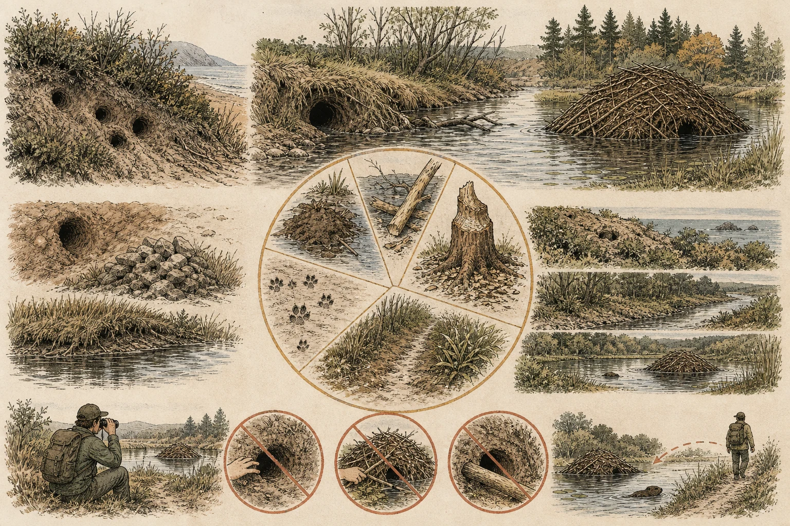 Text-free illustrated evidence board for “Reading burrows, dens, and lodges”; the article points are listed below.