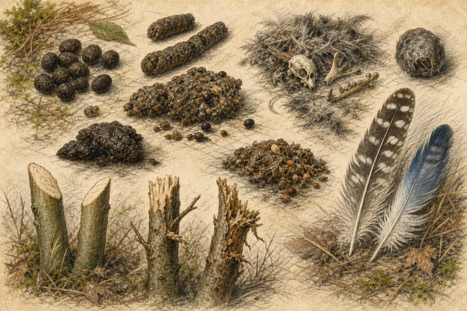 Text-free illustrated evidence board for “Reading scat & sign”; the article points are listed below.