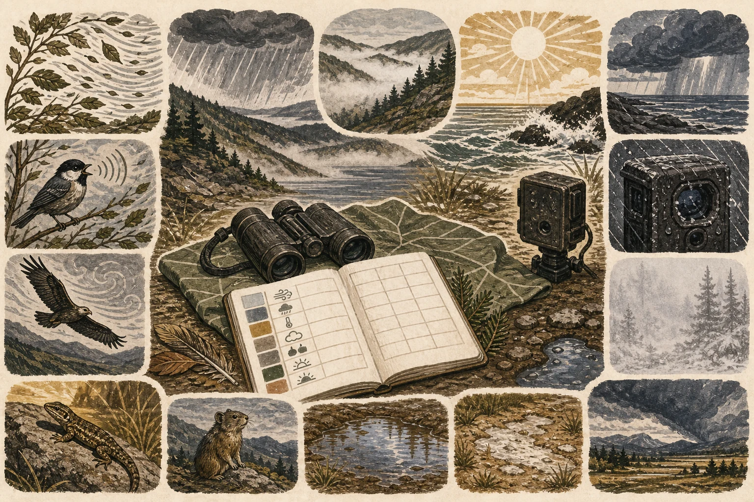 Text-free illustrated field protocol for “Reading weather for wildlife watching”; the article points are listed below.