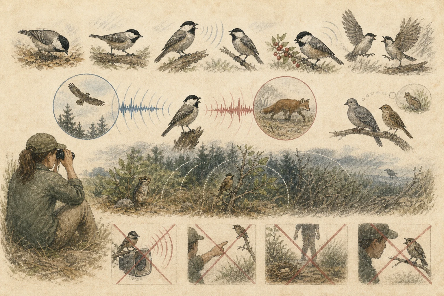 Text-free illustrated signal score for “Recognizing animal alarm calls”; the article points are listed below.