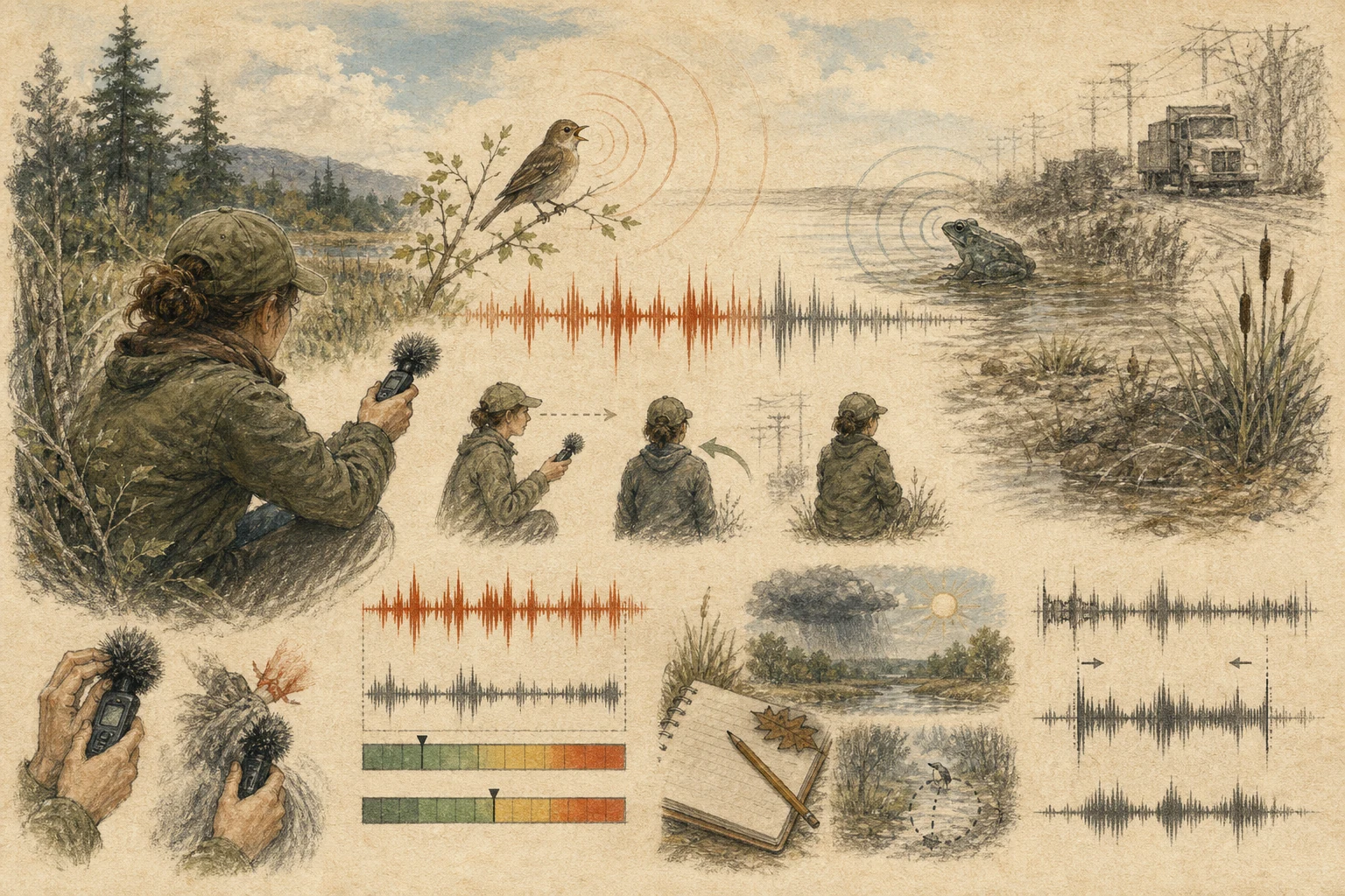 Text-free illustrated signal score for “Recording wildlife sounds for identification”; the article points are listed below.