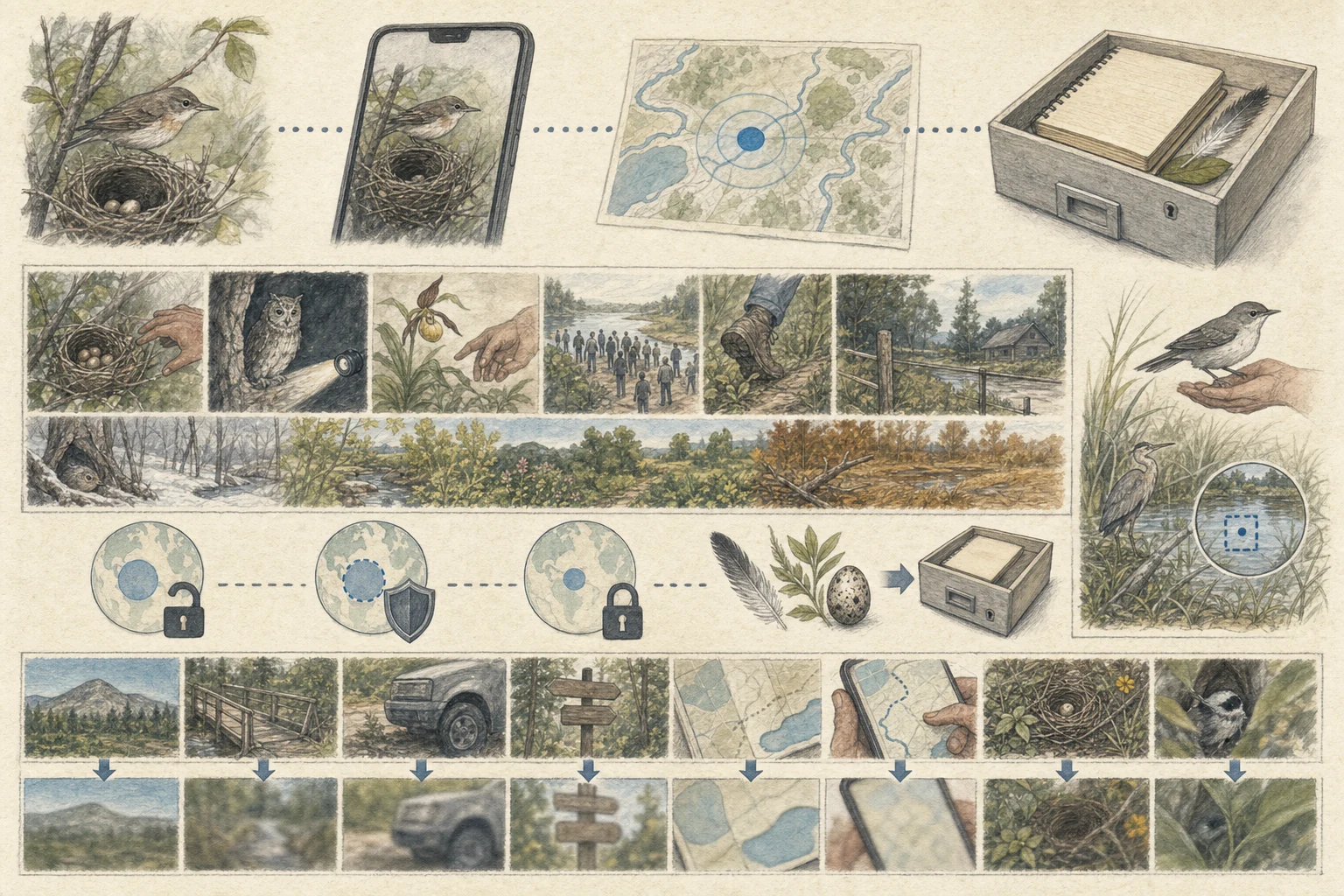 Text-free illustrated field protocol for “Responsible wildlife geotagging”; the article points are listed below.