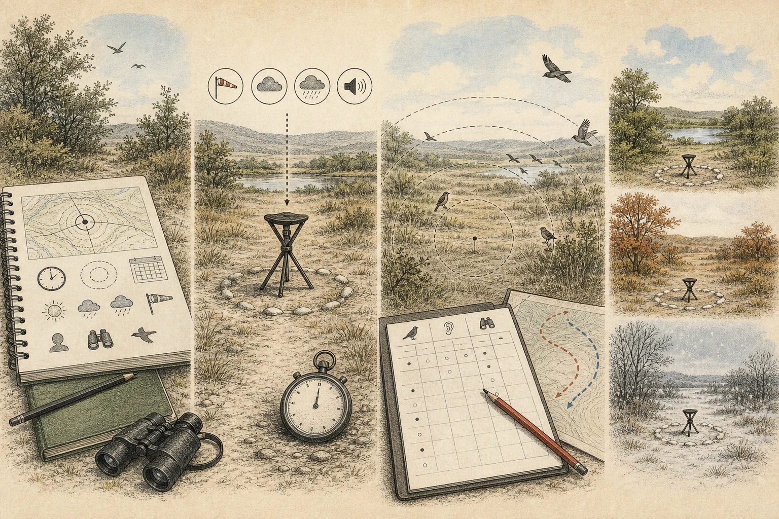 Text-free illustrated field protocol for “Running a fixed-point bird count”; the article points are listed below.
