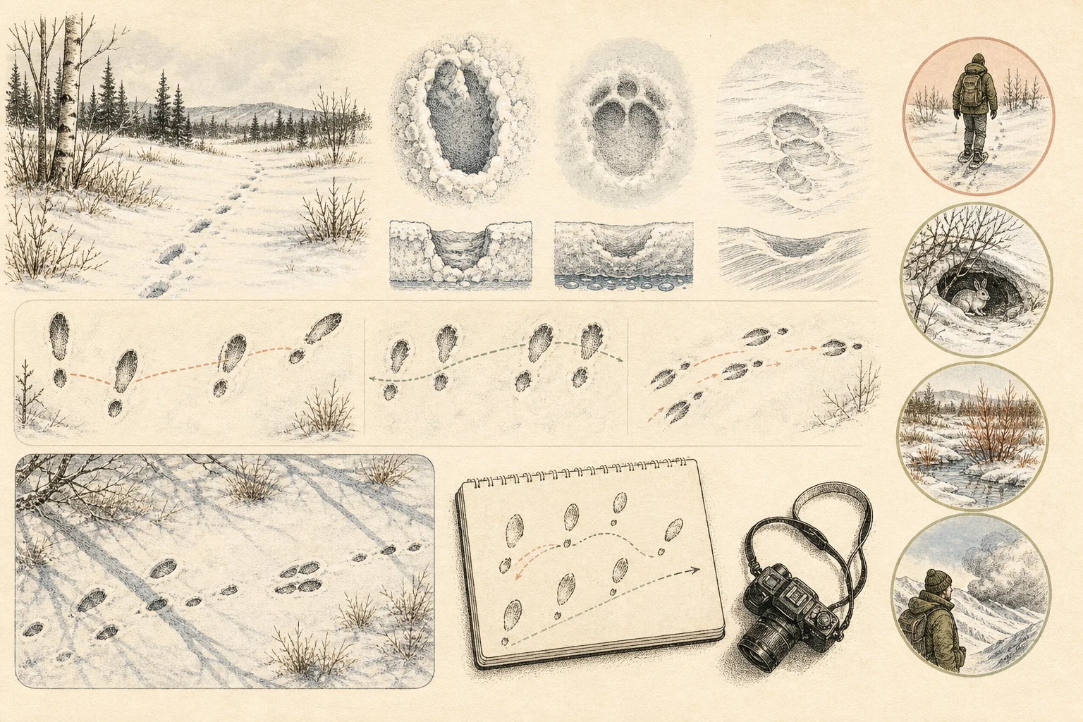 Text-free illustrated evidence board for “Snow tracking basics”; the article points are listed below.