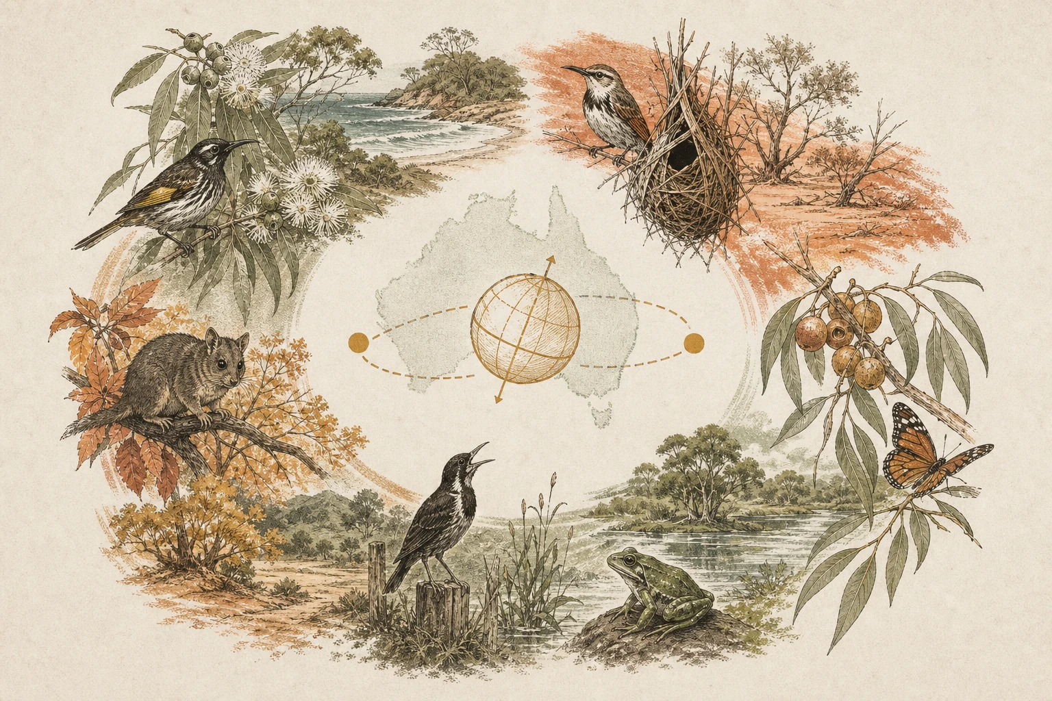 Text-free illustrated seasonal wheel for “A Southern Hemisphere nature calendar”; the article points are listed below.