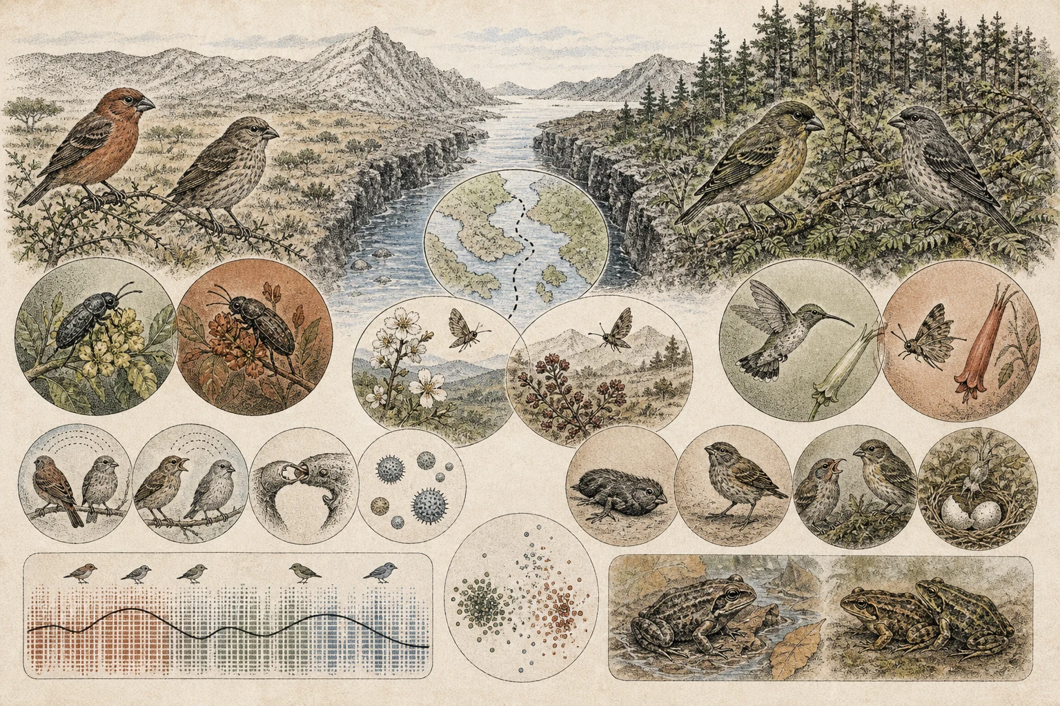 Text-free illustrated concept map for “Speciation and reproductive isolation”; the article points are listed below.