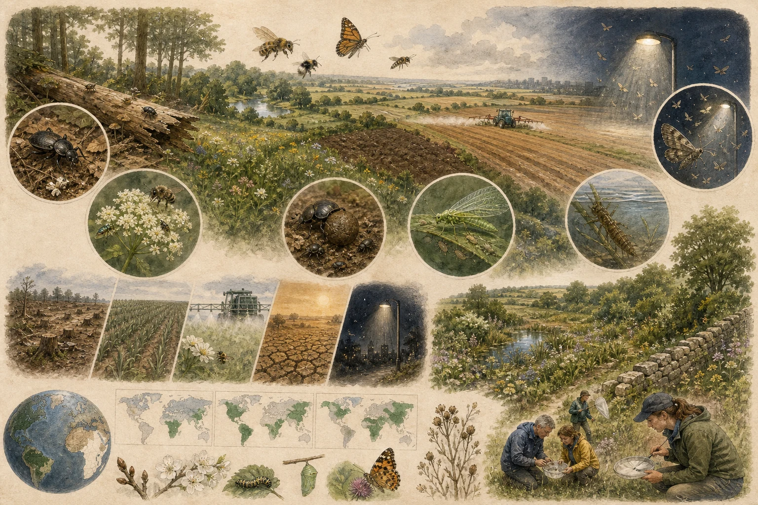 Text-free illustrated habitat transect for “The insect decline, explained”; the article points are listed below.