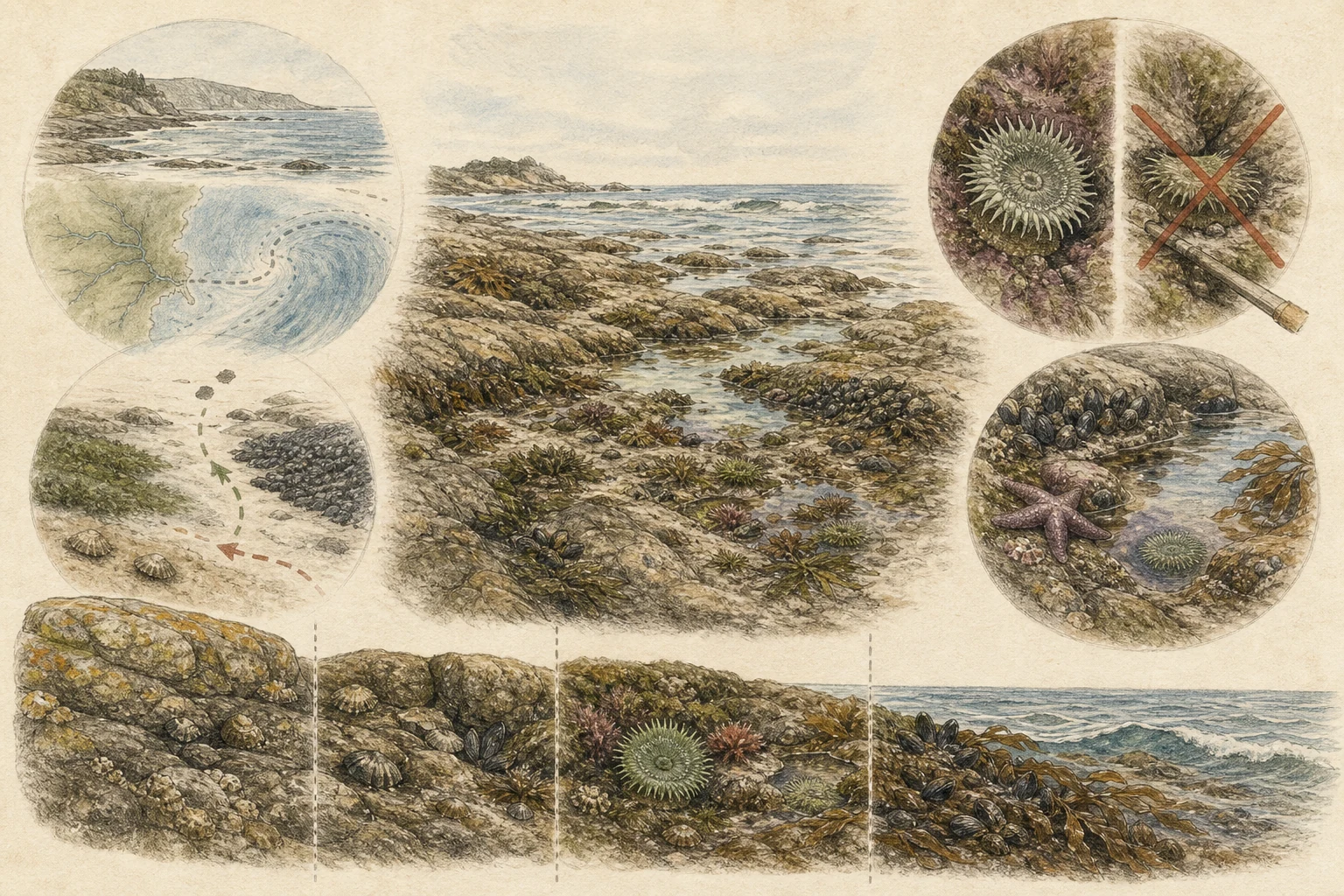 Text-free illustrated field protocol for “Tidepooling without harm”; the article points are listed below.