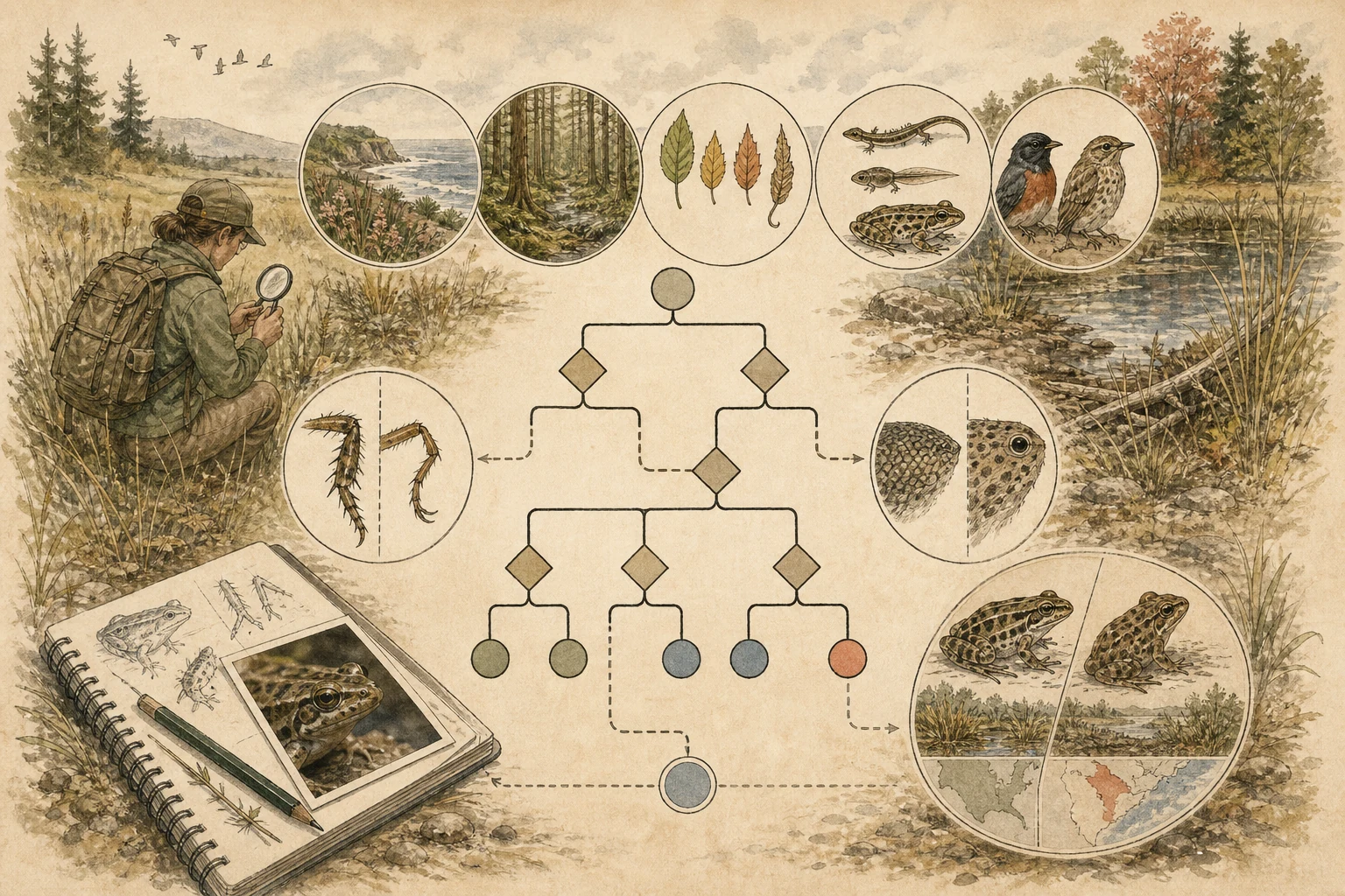 Text-free illustrated concept map for “Using a dichotomous key”; the article points are listed below.