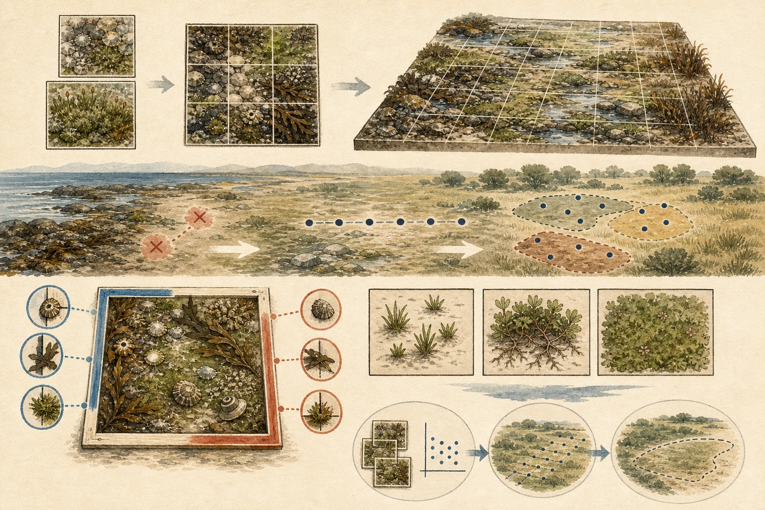Text-free illustrated field protocol for “Using a quadrat for biodiversity”; the article points are listed below.
