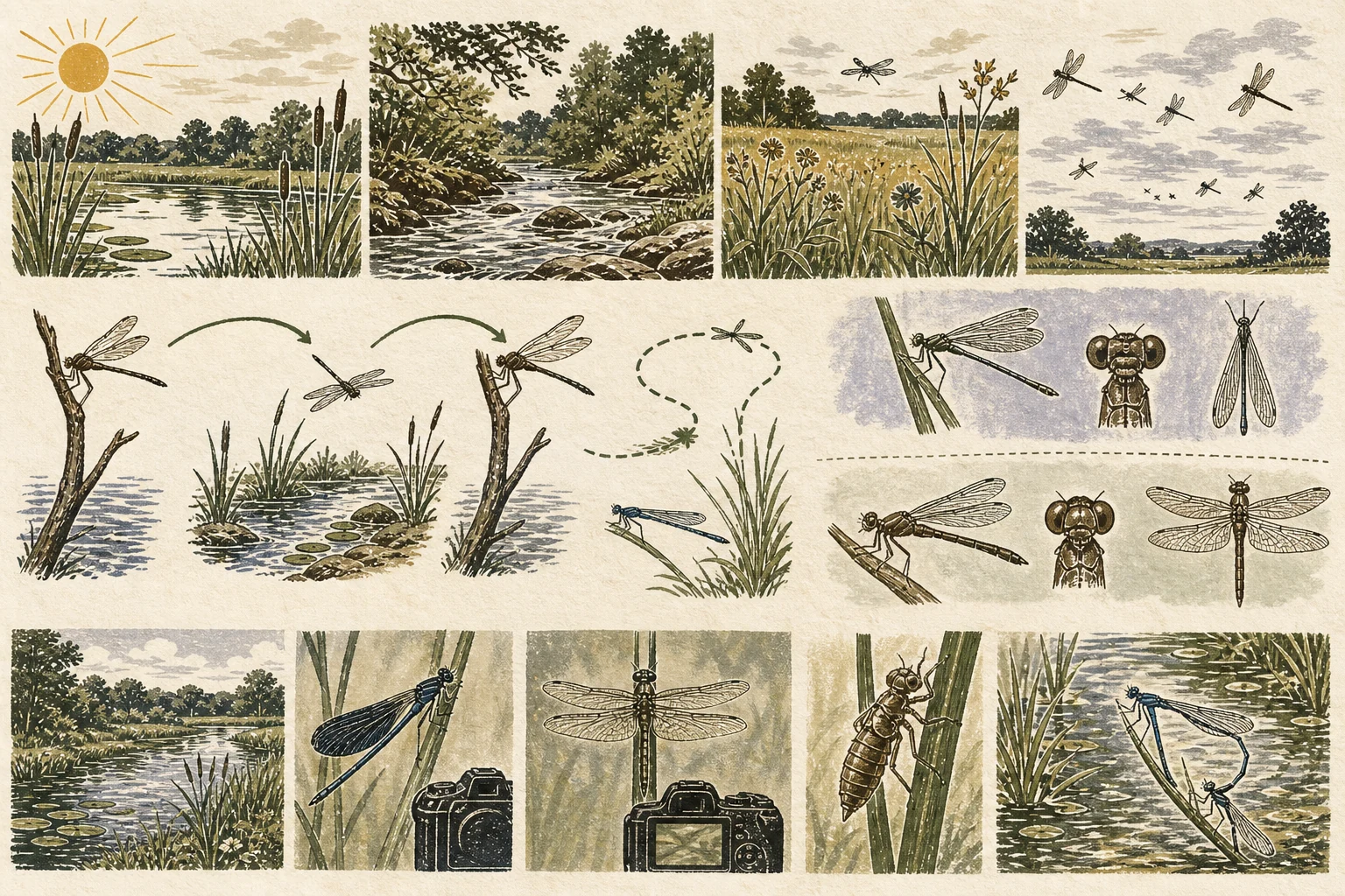 Text-free illustrated field protocol for “Watching dragonflies and damselflies”; the article points are listed below.