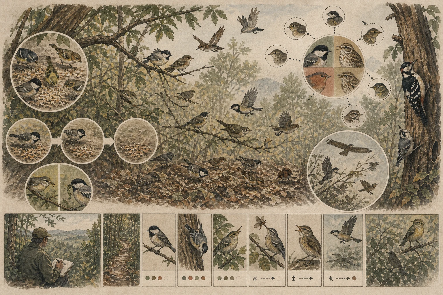 Text-free illustrated concept map for “Watching mixed-species foraging flocks”; the article points are listed below.