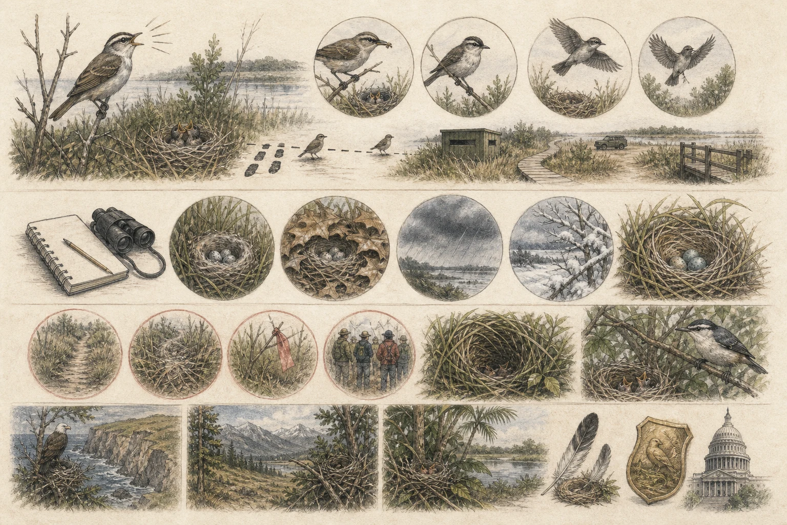 Text-free illustrated field protocol for “Watching nests without disturbing”; the article points are listed below.