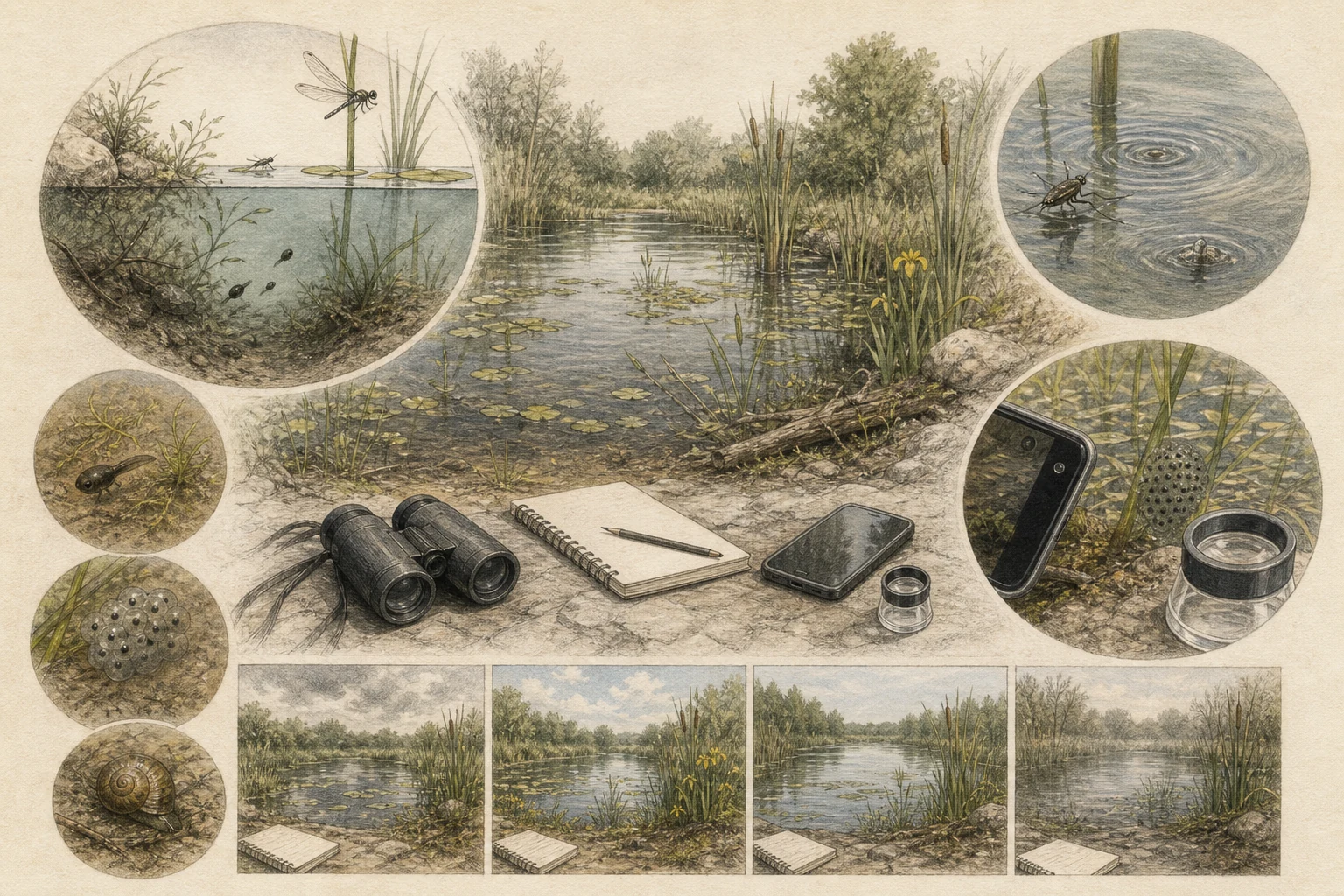 Text-free illustrated field protocol for “Watching pond life”; the article points are listed below.