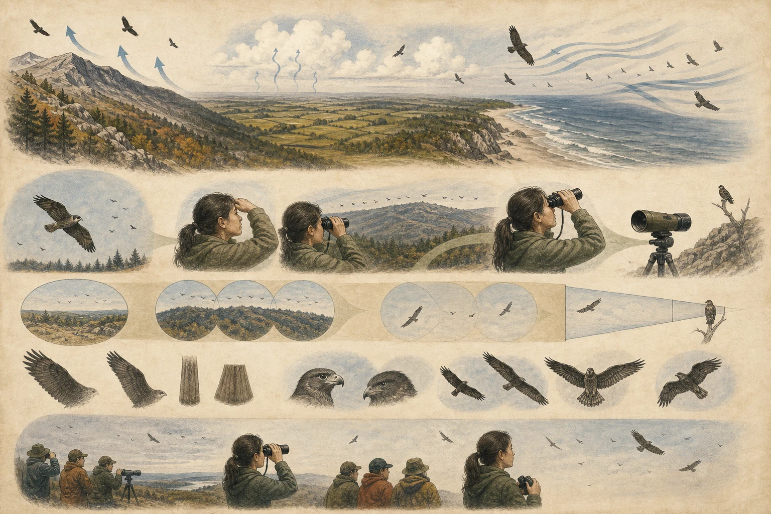 Text-free illustrated field protocol for “Watching raptor migration”; the article points are listed below.