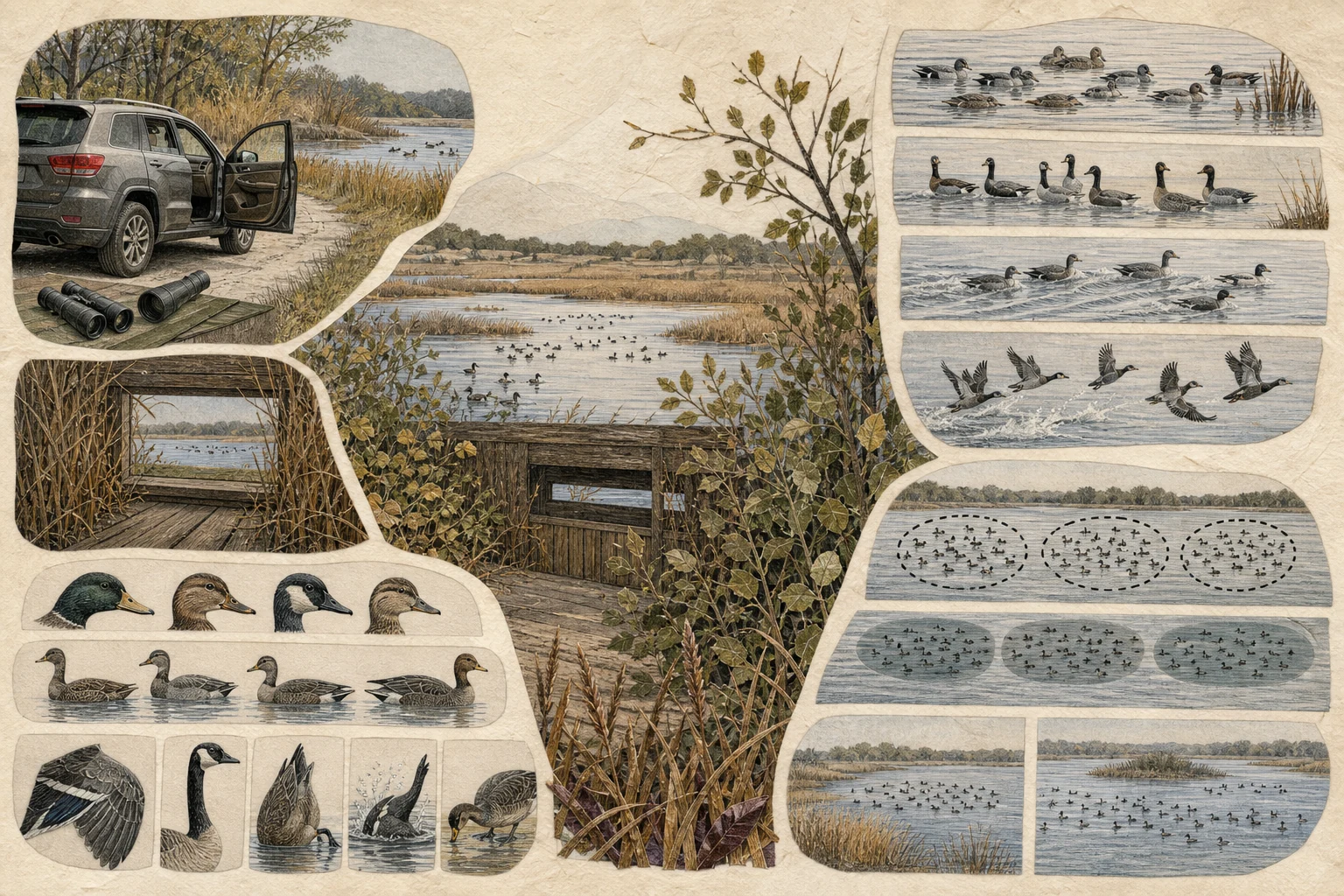 Text-free illustrated field protocol for “Watching waterfowl without flushing flocks”; the article points are listed below.