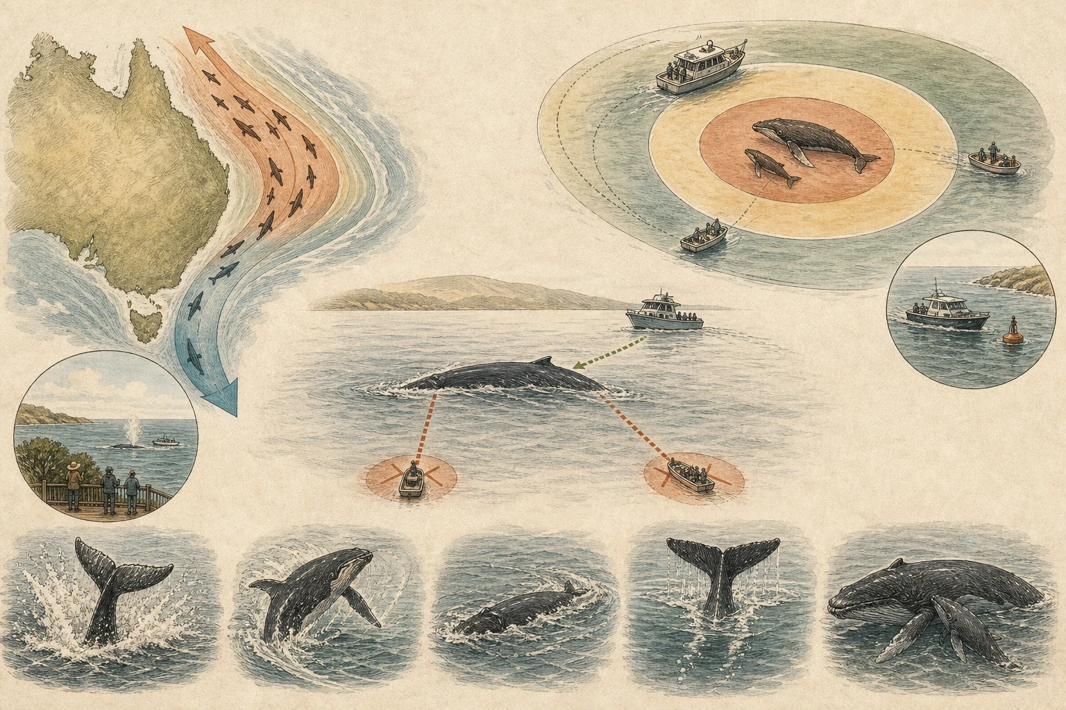 Text-free illustrated decision path for “Whale watching without disturbance”; the article points are listed below.