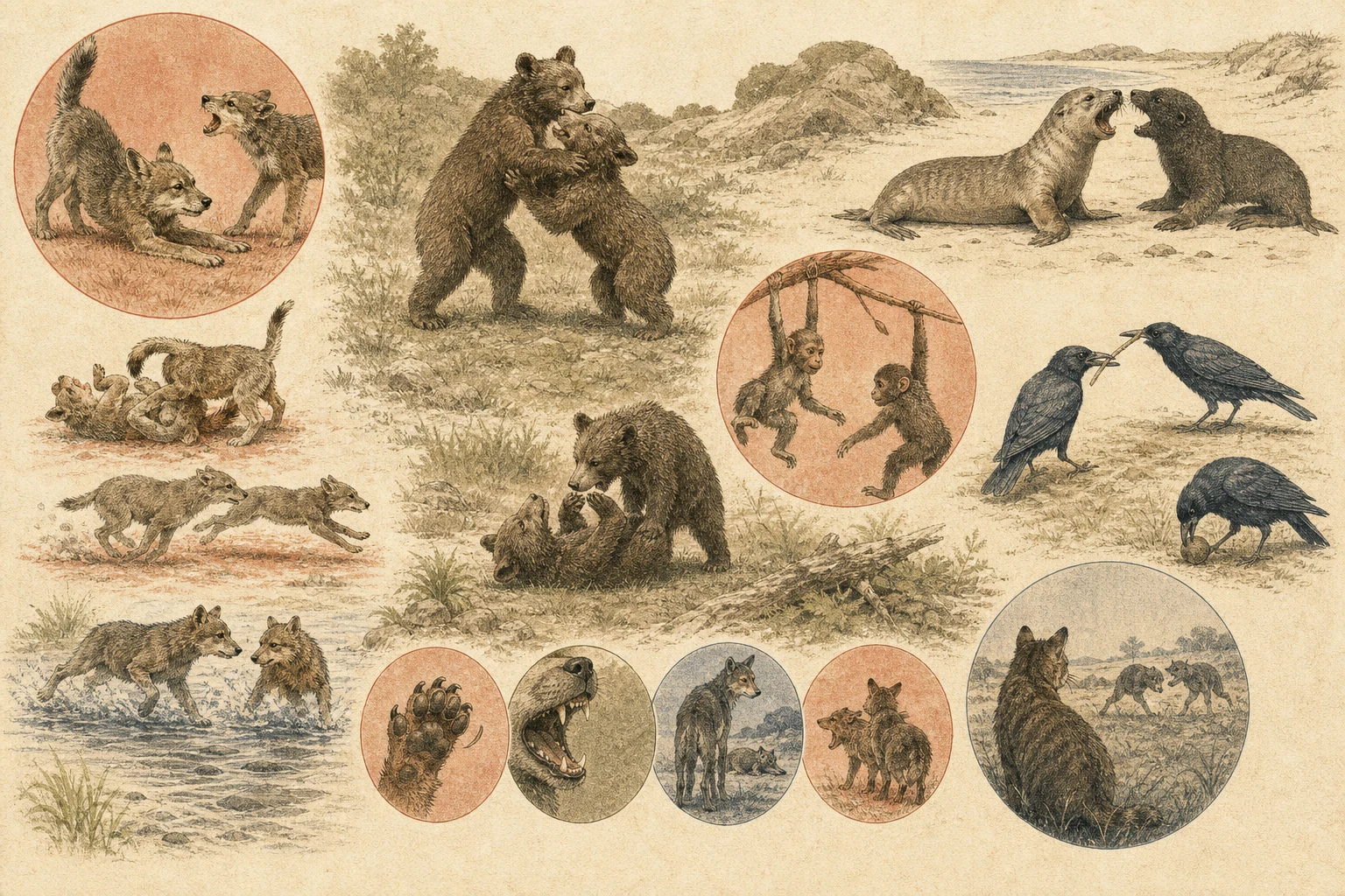 Text-free illustrated concept map for “Why animals play”; the article points are listed below.